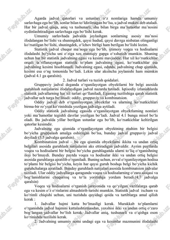 n obyektlar va ularning ko‘rsatkichlari joylashtiriladi. har bir qator va ustun o‘z nomiga, jadval esa umumiy sarlavhalarga ega bo‘lib, bular jadvalning asosiy unsurlari hisoblanadi. agarda jadval qatorlari va ustunlari o‘z nomlariga hamda umumiy sarlavhaga ega bo‘lib, sonlar bilan to‘ldirilmagan bo‘lsa, u jadval maketi deb ataladi. har bir jadval qisqa, aniq va tushunarli, shu bilan birga ma’lumotlar ma’nosini oydinlashtiradigan sarlavhaga ega bo‘lishi kerak. umumiy sarlavhada jadvalda joylashgan sonlarning asosiy ma’nosi ifodalangan bo‘lishi va shuningdek, qaysi hudud, qaysi davrga nisbatan olinganligi ko‘rsatilgan bo‘lishi, shuningdek, o‘lchov birligi ham berilgan bo‘lishi lozim. statistik jadval chuqur ma’noga ega bo‘lib, ijtimoiy voqea va hodisalarni ifodalashi bo‘yicha uni o‘ziga xos mantiqiy gapga o‘xshatish mumkin. shuning uchun har bir statistik jadvalning egasi va kesimi mavjuddir. har xil ko‘rsatkichlar orqali ta’riflanayotgan statistik to‘plam jadvalning egasi, ko‘rsatkichlar esa jadvalning kesimi hisoblanadi. jadvalning egasi, odatda, jadvalning chap qismida, kesimi esa o‘ng tomonida bo‘ladi. lekin ular aksincha joylanishi ham mumkin (jadval 4.1 …