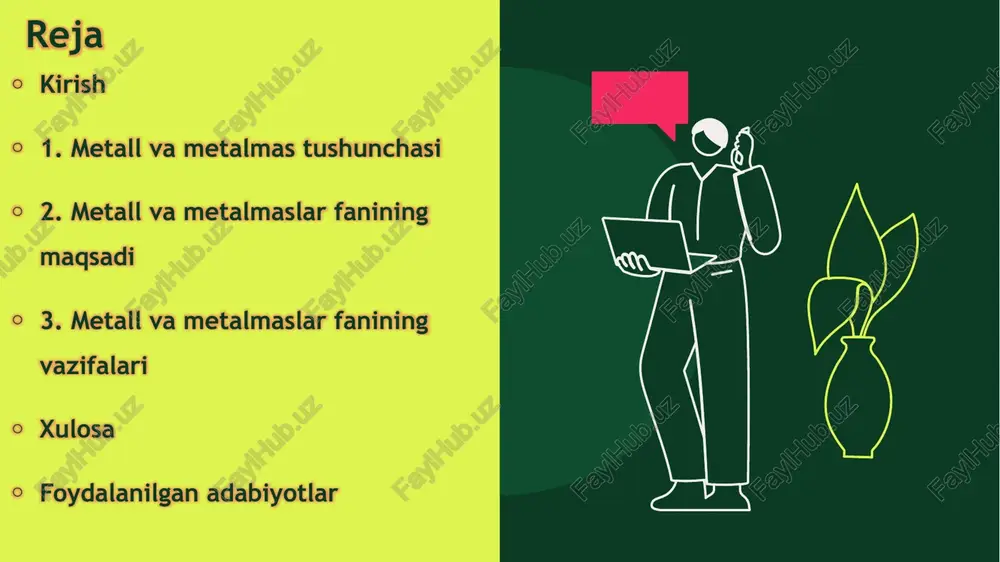 rometalurgiya usullari bilan amalga oshiriladi: rudalarni qazib olish, konsentratsiya (flotatsiya), keyin eritish. temir o'rinni bo'shatish uchun kokslashtirilgan ko'mir ishlatiladi: fe₂o₃ + 3co → 2fe + 3co₂. elektrsizlash (elektroliz) alyuminiy (al) uchun qo'llaniladi: al₂o₃ ni kriolitda eritib, katodda al ajratiladi.metalmas moddalar tabiatda erkin yoki birikmalar shaklida ko'p: kislorod (o₂) havoda 21%, uglerod (c) olmos yoki grafit sifatida. oltingugurt (s) vulkanik cho'kindi yoki gips (caso₄) da uchraydi. 7 metall va metalmaslar fanining maqsadi metall va metalmaslar fani insoniyat tsivilizatsiyasining asosiy poydevorlaridan biri bo'lib, u nafaqat texnologik taraqqiyotning kalitidir, balki iqtisodiy va ijtimoiy rivojlanishning muhim omilidir. bu fan metallar va ularning birikmalarini chuqur o'rganish orqali inson faoliyatining turli sohalari uchun zarur bo'lgan materiallarni takomillashtirishga qaratilgan. metallurgiya, ya'ni metall va metalmaslar fani, qadimdan buyon insoniyatning ehtiyojlariga javob berib kelgan bo'lib, bugungi kunda esa zamonaviy texnologiyalar, kosmik tadqiqotlar va barqaror rivojlanish masalalarida markaziy o'rin egallaydi. 8 metall va metalmaslar fanining maqsadi 9 metall va metalmaslarning …