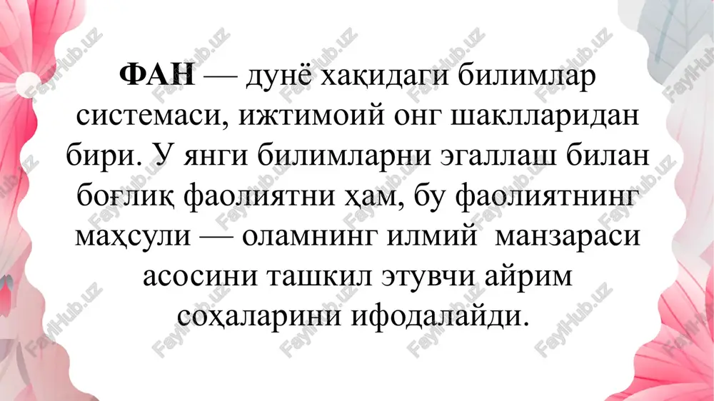 opishga intiladigan narsadir. *izohli ilmiy izlanishlar: aytilgan xulq-atvorni belgilaydigan qonunlarni shakllantirishga harakat qiladigan narsa. ilmiy tadqiqot ishlari turlari oliy ta’lim muassasalarida talabalarning mustaqil ishlarining quyidagi turlari bajariladi: 1. ma’ruza materiali ustida mustaqil ishlash; 2. amaliy mashg’ylotlar, seminar va labaratoriya ishlariga tayyorgalik; 3. kurs ishlari (talabalarda ilmiy-datqiqot ishlari olib borish malakasini hosil qilish maqsadida o’quv rejasida nazarda tutilgan mustaqil bajariladigan ilmiy-tadqiqot ishi) yozish. 4. sinov va imtihonlarga tayyorlanish; 5. referat va nazorat ishlari yozish; 6. amaliyot bilan bog’liq topshiriqlarni bajarish; 7. ilmiy seminarlarga, olimpiadalarga tayyorlanish va konferentsiyalarga maqolalar yozish uchun materiallar yig’ish, ularni bajarish; 8. bitiruv malakaviy va diplom ishlari yozish. image2.jpg image3.png image1.jpg /docprops/thumbnail.jpeg