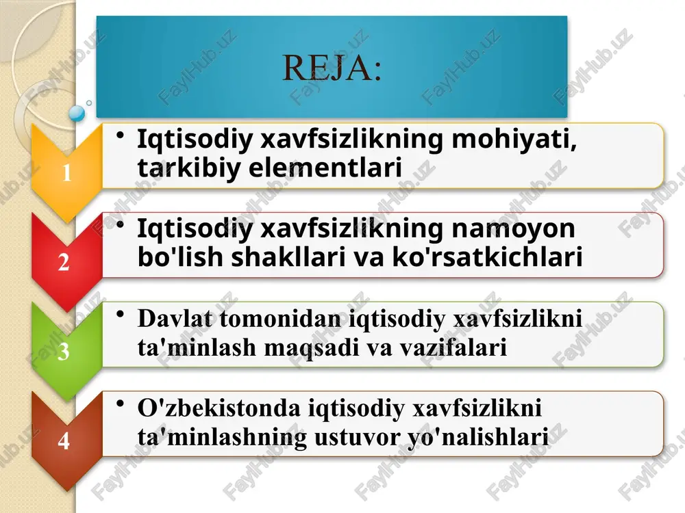 di. iqtisodiy xavfsizlikning namoyon bo'lish shakllarini uning subyektlari va obyektlari nuqtayi nazaridan turkumlash mumkin. iqtisodiyot subyektlari nuqtayi nazaridan iqtisodiy xavfsizlik quyidagi shakllarda namoyon bo'ladi: - shaxsning iqtisodiy xavfsizligi; - korxona (firma)ning iqtisodiy xavfsizligi; - davlatzing iqtisodiy xavfsizligi. shaxsning iqtisodiy xavfsizligi uning hayotiy manfaatlarining, ya'ni yashash va shaxsiy dahlsizlik, erkin mehnat qilish, tadbirkorlik faoliyati bilan shug'ullanish, mulkdor bo'lish, hayotiy iste'mol ehtiyojlarini qondirish, salomatligini saqlash, bilim olish va kasbga ega bo'lish, qariganda va mehnat layoqatini yo'qotganda ijtimoiy ta'minot olish huquqlarining himoyalanganligini ifodalaydi. 3. davlat tomonidan iqtisodiy xavfsizlikni ta'minlash maqsadi va vazifalari davlatning iqtisodiy xavfsizlikni ta'minlash bo'yicha faoliyati quyidagilami o'z ichiga oladi: - mamlakatning ijtimoiy-iqtisodiy tizimi hamda davlatning barqarorligiga xavf tug'diruvchi omillarni aniqlash va monitoring qilish; - ushbu omillarning zararli, salbiy ta'siriga barham berish yoki yumshatishga qaratilgan iqtisodiy siyosatni shakllantirish va institutsional o'zgarishlarni amalga oshirish. 10 davlat iqtisodiyotini tartibga solishning quyidagi yo'nalishlarida ham faoliyat yuritiladi: - iqtisodiyotdagi jarayonlarni obyektiv, keng qamrovli monitoringi, shu …