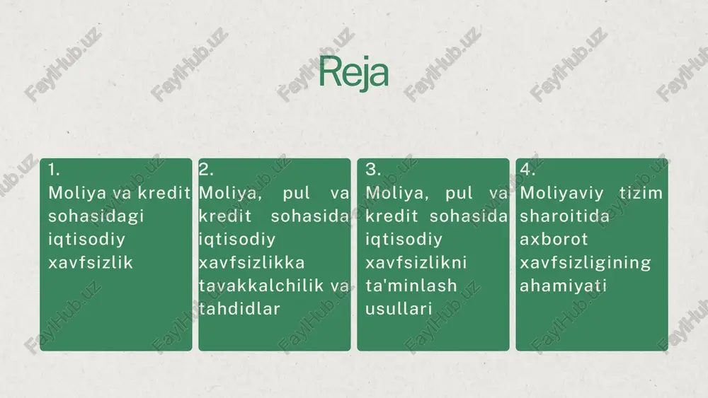 kelishi mumkin va uning kasriga boshqa iqtisodiyot faoiliyatlari ham juda katta muammolarga duch kelishadi. moliya, pul va kredit sohasida iqtisodiy xavfsizlikka tavakkalchilik va tahdidlar 01. 02. 03. moliyaviy inqirozlar va ularning iqtisodiyot uchun oqibatlari kredit riski, bozor riski, operatsion risk va boshqalar kabi turli xil risklar. moliyaviy firibgarlik, pul o`g`irlash va boshqa noqonuniy moliyaviy operatsiyalar bilan bog'liq tahdidlar. moliyaviy inqirozlar iqtisodiy tanazzul, inflyatsiya, siyosiy o'zgarishlar va boshqalar kabi turli omillar tufayli kelib chiqadigan valyutalarga, banklarga, moliyaviy tizimlarga yoki bozorlarga ishonchning juda past darajasini bildiradi. ular iqtisodiy faollikning keskin pasayishiga, ishsizlikning kuchayishiga, investitsiyalarning qisqarishiga va xalq farovonligining buzilishiga olib kelishi mumkin. moliyaviy operatsiyalarda xavflarning bir necha turlari mavjud: kredit riski bozor tavakkalchiligi operatsion risk moliyaviy operatsiyalardagi risklar kredit riski - qarzdorning kredit shartnomasi shartlariga muvofiq hisoblangan foizlarni va (yoki) asosiy qarzni to'lash bo'yicha o'z majburiyatlarini bajara olmaslik xavfi. bozor tavakkalchiligi - moliyaviy bozorlardagi o'zgarishlar, masalan, foiz stavkalari, valyuta kurslari, qimmatli qog'ozlar …