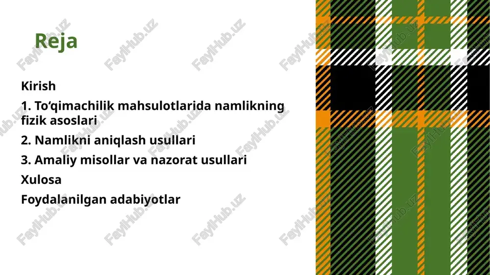 o‘qimachilik mahsulotlarining asosiy fizik xususiyati bo‘lib, u namlik qaytarilishi (regain) orqali hisoblanadi. namlik og‘irligini oshiradi, chunki suv massasi quruq massaga qo‘shiladi. namlikni aniqlash usullari namlikni aniqlash jarayoni materiallarning fizik-kimyoviy xususiyatlarini baholashda muhim o'rin tutadi. namlik miqdori mahsulot sifati, saqlash muddati, texnologik jarayonlar va hatto ekologik omillarga bevosita ta'sir etadi. har bir usulning amaliy ahamiyati va zamonaviy talablar asosida qiyosiy baho beriladi, shu bilan birga usullarning bir-biriga nisbatan ustunliklari va cheklovlari ko'rsatiladi. namlikni o'lchashda aniqlik, tezlik va xavfsizlik kabi mezonlar asosiy e'tibor markazida bo'ladi, chunki noto'g'ri baholash butun ishlab chiqarish jarayoniga salbiy ta'sir ko'rsatishi mumkin. quritish (termogravimetrik) usuli quritish usuli, yoki termogravimetrik tahlil, namlikni aniqlashning eng klassik va ishonchli usullaridan biri hisoblanadi. bu usulning asosiy printsipi namunaning massasini quritishdan oldin va keyin solishtirishga asoslangan bo'lib, yo'qotilgan massa namlik miqdorini ifodalaydi. jarayon odatda laboratoriya sharoitida amalga oshiriladi: namuna oldindan belgilangan haroratga (ko'pincha 105-110°c) qizdiriladi va quritguncha ushlab turiladi. namlikni o‘lchashda zamonaviy laboratoriya …