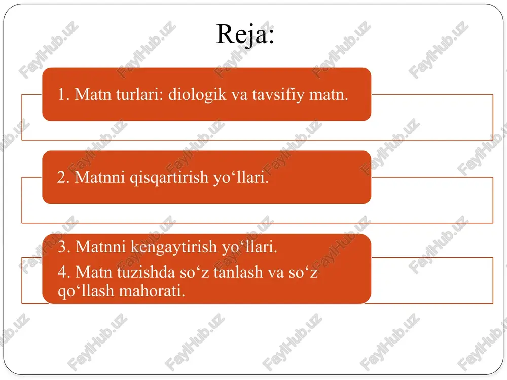 aytaradi. — assalomu alaykum, bugun yig‘ilish bo‘ladimi? — va alaykum assalom, ha, soat uchda boshlanadi. — yaxshi, unda uchrashguncha. tavsifiy matn — bu biror narsa, shaxs, joy yoki hodisani tasvirlab, uning belgilarini, ko‘rinishini, xususiyatlarini batafsil ifodalovchi matn turidir. bahor tongi. quyosh endi ufqdan bosh ko‘targan, atrofni mayin shabada o‘rab olgan. daraxtlar yashil libosda, qushlar chug‘urlab sayraydi. tavsifiy matnning xususiyatlari: 1 2 3 4 matnda tasviriylik, obrazlilik kuchli bo‘ladi. rang, tovush, hid, shakl kabi sezgi tasvirlari ko‘p ishlatiladi. fe’llar kam, sifat, ot va sifatdoshlar ko‘p ishlatiladi. matn statik (harakatsiz) holatni ifodalaydi. matnni qisqartirish yo‘llari: 1. muhim g‘oyalarni ajratish matnni o‘qib chiqib, faqat asosiy fikrlarni ajratib yozish kerak. ikkinchi darajali misollar, izohlar, detallar olib tashlanadi. masalan: asl matn: "bugun ob-havo iliq, osmon ochiq, qushlar chug‘urlab uchib yuribdi."qisqartirilgan: "bugun ob-havo iliq." 2. bir nechta gapni birlashtirish bir-biriga yaqin mazmunga ega gaplarni bitta jumlaga birlashtirish mumkin. masalan: "o‘quvchilar ertalab maktabga bordilar. ular yangi darslarni …