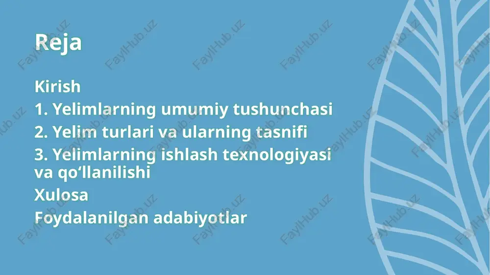 kibi va fizik xususiyatlari yelimlarning kimyoviy tarkibi ularning samaradorligining asosiy omili bo'lib, asosan polimer moddalarga asoslanadi. tabiiy yelimlar, masalan, kraxmal yoki kazein (sut oqsili) asosida tayyorlanadi, ularning tarkibida uglevodlar va oqsillar ustunlik qiladi. sintetik yelimlar esa fenol-formaldegid qatronlari, epoksid qatronlari yoki poliuretanlar kabi moddalarni o'z ichiga oladi. yelimlarning qo‘llanish sohalari yelimlarning qo'llanish sohalari keng va xilma-xil bo'lib, ularning universal xususiyati tufayli sanoatning deyarli barcha tarmoqlarida ishlatiladi. qurilish sohasida yelimlar devor qoplamalari, plitka yopishtirish va beton armaturalashda asosiy vosita: masalan, poliakrilat yelimlar gips plitalarni birlashtiradi, bu jarayonda ularning elastikligi tebranishlarni yumshatadi. avtomobilsozlikda yelimlar karosseriya qismlarini payvandlash o'rniga ishlatiladi, bu og'irlikni kamaytiradi va korroziyaga qarshi himoya beradi – zamonaviy mashinalarda 20-30% birlashmalar yelim orqali amalga oshiriladi. yelim turlari va ularning tasnifi yelimlar materiallarni bir-biriga mustahkam bog'lashda keng qo'llaniladigan muhim vositalardir. ularning turlari va tasnifi ularning kimyoviy tarkibi, qattiqlashish mexanizmi, kelib chiqishi va qo'llanish sohasiga qarab belgilanadi. bu tasnif yelimlarni tanlashda amaliy ahamiyatga …