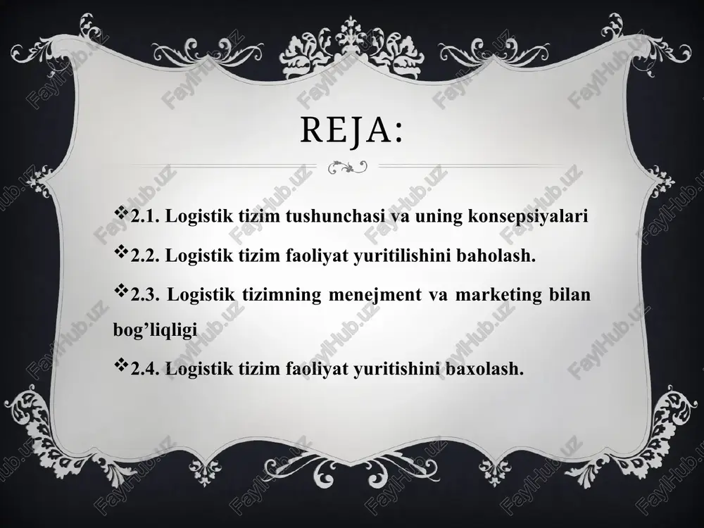 qilingan yuklar va iste’molchiga mahsulot yetkazib berishni hisobga olib tuzish. 4.axborot oqimi sxemasini tuzish. logistikaning menejment va marketing bilan aloqadorligi iqtisodiy rivojlanishning g’arbdagi andozalariga ko’ra, "logistika" "marketing" va "menejment"dan ajralib chiqib, alohida ilmiy yo’nalish olishi uchun qariyb yarim asr talab etilgan edi. logistika tizimi boshqarish vazifalari bilan uzviy bog’liq bo’lib hisoblanadi. lekin logistika tizimiga eng katta ta’sir ko’rsatadigan vazifalardan biri marketing siyosati va taktikasidir. logistika tizimining servis chegaralarini marketing talablari aniqlaydi e`tiboringiz uchun paxmat image3.png image4.png image5.png image6.emf image2.png logistika: 1.oqimiy yondashuv ustivorligi; 2.oqimiy jarayonlarni iste’molchi fe’l-atvoriga muvofiqlashtirish; 3.aniqlik qoidalariga amal qilish; 4.markazlashgan boshqaruv va erkin tadbirkorlik uyg’unligi. menejment: 1.manfaatlarni uyg’unlashtirish; 2.kuch-g’ayratni birlashtirish; 3.mahoratni takomillashtirish; 4.mehnat unumdorligini oshirish. marketing: 1.nima? kim uchun? qanday usul bilan? 2.iste’molchi tanloviga ta’sir etish; 3.bozorda 4r qoidasiga amal qilish; 4.sotiladigan mahsulot ishlab chiqarish. /docprops/thumbnail.jpeg