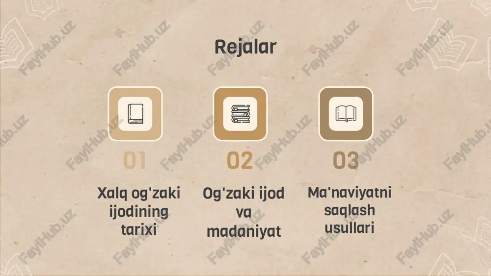 aqlab qolishda muhim rol o'ynaydi. tarixiy asoslari o'rganilishi madaniyatni chuqur tushunish imkonini beradi. madaniyatda og'zaki ijod roli og'zaki ijod madaniyatning asosi hisoblanadi. u xalqning tarixiy tajribasi, urf-odatlari va qadriyatlarini avloddan-avlodga yetkazadi. og'zaki ijod asarlarida xalqning dunyoqarashi, til boyligi va milliy o'ziga xosligi aks etadi. ushbu ijod madaniyatni saqlab qolishda beqiyos yordam beradi. masalan, dostonlar va rivoyatlar jamiyatning tarixi va axloqiy tamoyillarini yosh avlodga tushunishga yordam beradi. bu esa madaniyatning barqarorligi va rivojlanishini ta'minlaydi. og'zaki ijodning roli xalq og'zaki ijodi ma'naviyatni saqlash va rivojlantirishda muhim rol o'ynaydi. u avlodlardan-avlodlarga axloqiy qadriyatlar va hayot tajribasini yetkazadi. og'zaki ijod - rivoyatlar, qo'shiqlar, maqollar va afsonalar orqali xalqning dunyoqarashini, tarixini va ma'naviy qadriyatlarini ifodalaydi. bu ijod odamlarning o'zligini anglash va jamiyatda birlashishiga yordam beradi. masalan, og'zaki ijod orqali yoshlar ota-bobolarining urf-odatlari va qadriyatlari bilan tanishib, ma'naviy poydevorini mustahkamlashadi. bu esa milliy madaniyatning saqlanishi va davom etishiga xizmat qiladi. ma'naviyatni mustahkamlash usullari an'analarni davom ettirish …