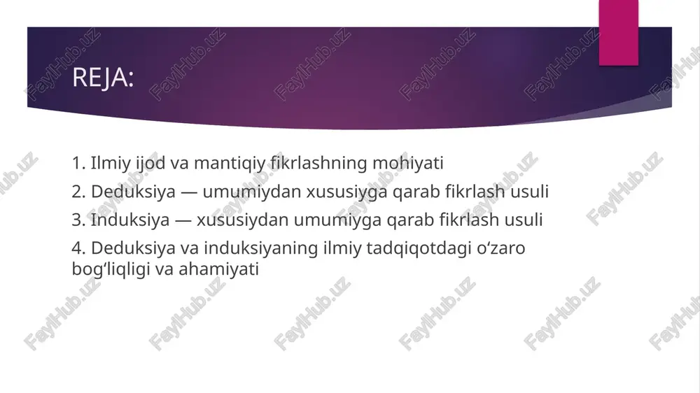 ayadi”, “mis qizdirilganda kengayadi”, “oltin qizdirilganda kengayadi” kabi bir necha kuzatuv natijasida “barcha metallar qizdirilganda kengayadi” degan umumiy xulosa chiqarish — induktiv fikrlash natijasidir. induksiya ilmiy tadqiqotning boshlang‘ich bosqichida, ya’ni faktlarni yig‘ish, tahlil qilish va nazariy farazlarni shakllantirish jarayonida keng qo‘llanadi. bu usul tabiiy fanlar, sotsiologiya, psixologiya, iqtisodiyot kabi sohalarda muhim ahamiyatga ega. 4.deduksiya va induksiyaning ilmiy tadqiqotdagi o‘zaro bog‘liqligi va ahamiyati ilmiy izlanish jarayonida deduksiya va induksiya bir-birini to‘ldiruvchi ikki asosiy fikrlash shaklidir. induksiya orqali olim kuzatuv va tajribalar natijasida umumiy qonuniyatni shakllantiradi, deduksiya esa bu qonuniyatni aniq holatlarga tatbiq etib, tekshiradi. shunday qilib, deduksiya va induksiya o‘zaro chambarchas bog‘liq bo‘lib, ularning uyg‘un qo‘llanilishi ilmiy ijod samaradorligini oshiradi, ilmiy xulosalarning ishonchliligini ta’minlaydi. masalan, iqtisodiy tadqiqotda induksiya yordamida bozor qonunlari kuzatish orqali aniqlanadi, deduksiya orqali esa bu qonunlar turli iqtisodiy holatlarga qo‘llanadi va sinovdan o‘tkaziladi. xulosa: ilmiy ijodda mantiqiy fikrlash shakllari — deduksiya va induksiya — tadqiqot jarayonining ajralmas qismidir. …