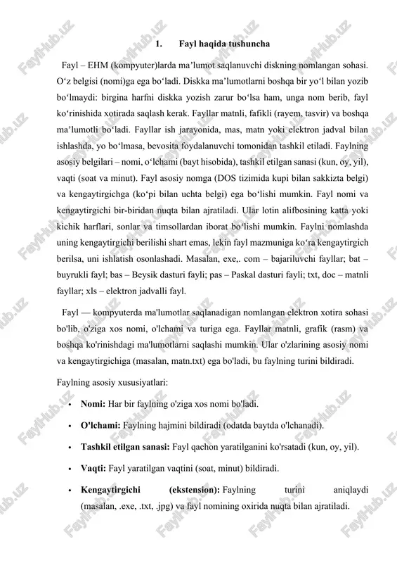 oat, minut) bildiradi. · kengaytirgichi (ekstension): faylning turini aniqlaydi (masalan, .exe, .txt, .jpg) va fayl nomining oxirida nuqta bilan ajratiladi. fayl turlari (kengaytirgichlari misolida): · .exe, .com: bajariluvchi fayllar. · .bat: buyruqli fayl. · .txt, .doc: matnli fayllar. · .xls: elektron jadvalli fayl. · .jpg: grafik fayl (rasm). fayl turlari – bu kompyuterlarda saqlanadigan maʼlumotlarni tasniflovchi keng toifa boʻlib, har bir tur oʻziga xos xususiyatlarga ega. eng keng tarqalgan turlarga matnli, grafik, audio, video, dasturiy va arxiv fayllari kiradi. masalan, jpg (rasm), mp3 (audio), pdf (hujjat) kabi keng tarqalgan fayl turlari mavjud. eng keng tarqalgan fayl turlari: matnli fayllar: harflar, raqamlar va belgilar kabi oddiy matnni saqlaydi (masalan, .txt fayllari). grafik fayllar: rasmlarni saqlaydi. bular qatorida rasmlarning ranglar va piksellar soni bilan farq qiluvchi bir nechta turlari bor: ruxsat etilgan formatdagi (bit-mapped) fayllar: .jpg, .png, .gif. vektorli fayllar: .svg. audio fayllari: ovozli maʼlumotlarni saqlaydi (masalan, .mp3, .ogg, .wav fayllari). video …