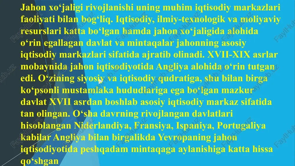 xo‘jaligida ikki tizimlilik holatiga barham berildi. xxi asrda bir nechta davlatlarning ijtimoiy-iqtisodiy va ilmiy-texnologik salohiyatining o‘sishi natijasida jahon iqtisodiyotida polisentrik — ko‘p markazlilik holati shakllana boshladi. hozirgi kunda yevropa ittifoqi, shimoliy amerika kabi an’anaviy yirik markazlar bilan bir qatorda xitoy, yaponiya, osiyoning yangi sanoatlashgan davlatlari, fors qo‘ltig‘i davlatlari, hindiston, braziliya, meksika, mdh davlatlari kabi iqtisodiy markazlar ham jahon iqtisodiyotida o‘ziga xos o‘ringa egaligi bilan ajralib turadi (26-rasm). shimoliy amerika bugungi kunda jahon yalpi milliy mahsuloti (ymm) ning ¼ qismini beruvchi muhim iqtisodiy markaz hisoblanadi (27-rasm). uning tarkibiga kiruvchi aqsh va kanada “katta yettilik” guruhiga kiruvchi davlatlari sifatida barchamizga ma’lum. yevropa ittifoqi hozirgi kunda o‘z tarkibiga 27 ta davlatni birlashtiradi. uning tarkibidagi 5 ta davlat (germaniya, fransiya, italiya, ispaniya va niderlandiya) jahonning yim hajmi bo‘yicha birinchi 20 taligiga kiradi. hozirgi vaqtda turli davlatlar iqtisodiyotini xitoy bilan aloqalarsiz tasavvur qilish qiyin. bugungi kunda jahon mamlakatlari orasida ko‘plab mahsulotlarni ishlab chiqarish hajmiga ko‘ra …