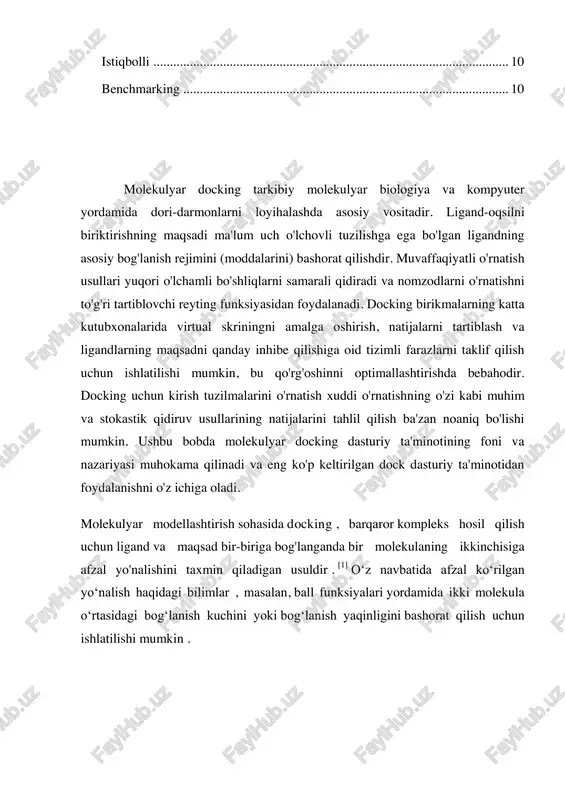 ngni amalga oshirish, natijalarni tartiblash va ligandlarning maqsadni qanday inhibe qilishiga oid tizimli farazlarni taklif qilish uchun ishlatilishi mumkin, bu qo'rg'oshinni optimallashtirishda bebahodir. docking uchun kirish tuzilmalarini o'rnatish xuddi o'rnatishning o'zi kabi muhim va stokastik qidiruv usullarining natijalarini tahlil qilish ba'zan noaniq bo'lishi mumkin. ushbu bobda molekulyar docking dasturiy ta'minotining foni va nazariyasi muhokama qilinadi va eng ko'p keltirilgan dock dasturiy ta'minotidan foydalanishni o'z ichiga oladi. molekulyar modellashtirish sohasida docking , barqaror kompleks hosil qilish uchun ligand va maqsad bir-biriga bog'langanda bir molekulaning ikkinchisiga afzal yo'nalishini taxmin qiladigan usuldir . [1] oʻz navbatida afzal koʻrilgan yoʻnalish haqidagi bilimlar , masalan, ball funksiyalari yordamida ikki molekula oʻrtasidagi bogʻlanish kuchini yoki bogʻlanish yaqinligini bashorat qilish uchun ishlatilishi mumkin . https://en.wikipedia.org/wiki/molecular_modeling https://en.wikipedia.org/wiki/supramolecular_chemistry https://en.wikipedia.org/wiki/supramolecular_chemistry https://en.wikipedia.org/wiki/ligand_(biochemistry) https://en.wikipedia.org/wiki/binding_(molecular) https://en.wikipedia.org/wiki/docking_(molecular)#cite_note-pmid8804827-1 https://en.wikipedia.org/wiki/scoring_functions_for_docking https://en.wikipedia.org/wiki/dissociation_constant#protein-ligand_binding barqaror kompleks hosil qiluvchi kichik molekulali ligandni (yashil) oqsil nishoniga (qora) ulashning sxematik tasviri.davomiyligi: 13 soniya.0:13kichkina molekulaning (yashil) beta-2 adrenergik g-oqsil bilan bog'langan retseptorining kristal …