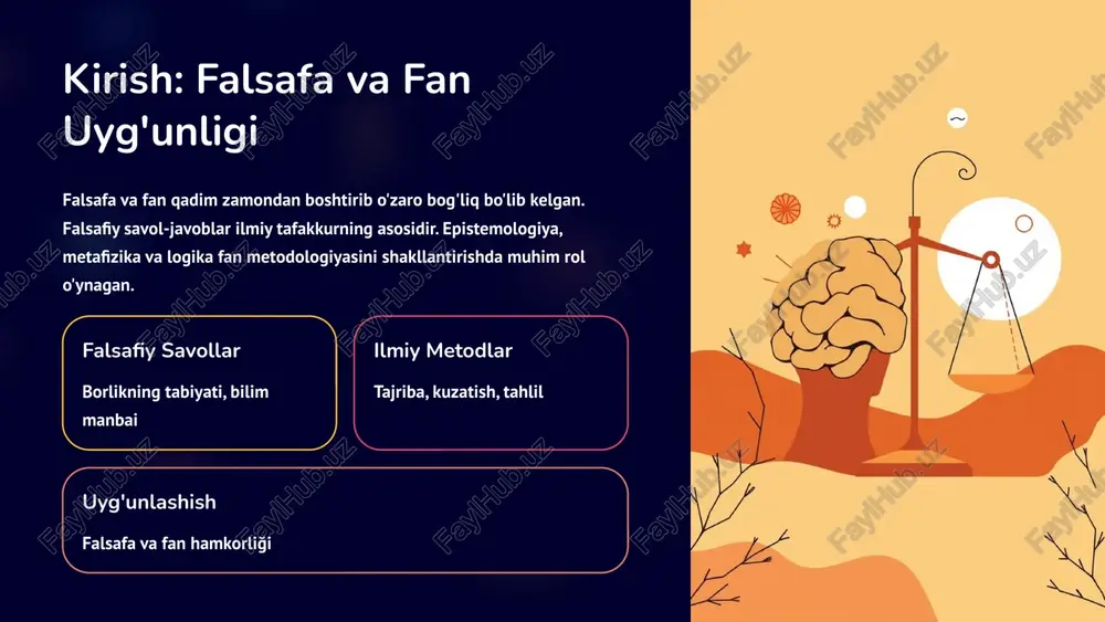 va ishonch aqil va avj munosabati 5 uyg'onish davri falsafasi: insonparvarlik va ilmiy inqilob uyg'onish davri (xiv-xvii asrlar) insonparvarlik falsafasini olib keldi. koinot o'rganish va yerning markaziy bo'lmasi haqida yangi qarashlar ilmiy inqilob vujudga keltirdi. kopernikus, galiley va nyuton bu davr faylasuflari bo'ldi. qadim nazar yer markazi — aristotel sharh savol-javoblar nima haqiqiy? kuzatish va aqil? yangi fan quyosh markazi — matematika tahlil 6 yangi davr falsafasi: empirizm, ratsionalizm va ilmiy usul empirizm heyum, lok — tajriba orqali bilim. kuzatish va test fan asosi. ratsionalizm dekart, leybnis — aqli yo'l bilan bilim. matematika fan tili bo'ldi. ilmiy uslub empizim va ratsionalizm birlashtirish — nyuton metodi. 7 eng yangi davr falsafasi: fanning o'zgaruvchan yuziga qarshi muammolar xix-xx asrlar falsafasi ilmiy birinchilikning shubhasini va gipertekstual haqiqatning murakkabligini ko'rsatdi. kant, hegel, marks, eynshayn va boshqalar bilimning tabiatini qayta o'ylatilar. epistemoloji muammolar bilimning haqiqililik mezonlari o'zgaradi. fan qanday to'g'ri deb hisoblanadi? falsafiy yo'nalishlari pozitivizm, …