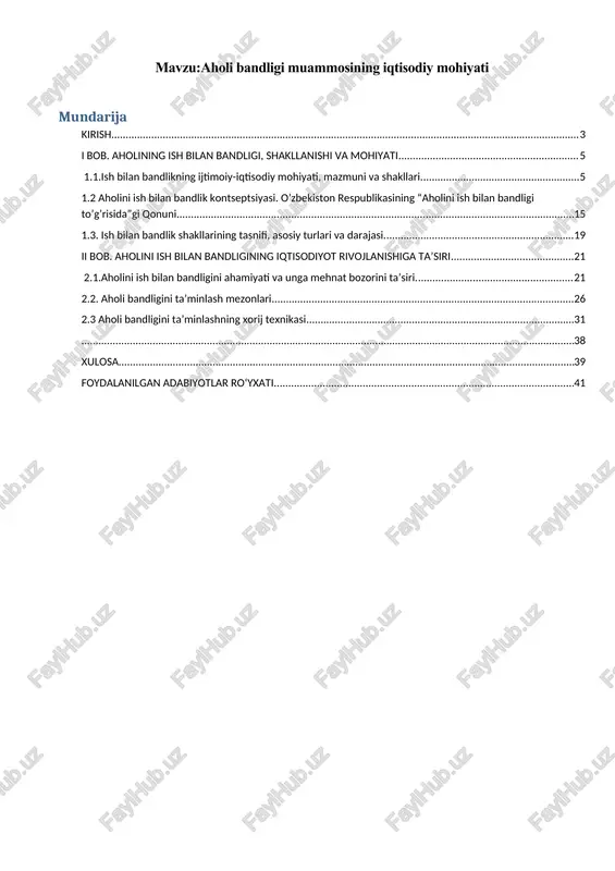 niyatida o‘z ifodasini topadi. ijtimoiy mazmun shaxsning tarkib topishi va rivojlanishida ifodalanadi. demografik mazmun ish bilan ta’minlash aholining yosh va jinsiy xususiyatlari, uning tarkibi va boshqalar bilan bog‘liqligini aks ettiradi. mavzuning nazariy va amaliy ahamiyati:mehnat - insonning o‘ziga xos xususiyatlariga ega faoliyati bo‘lib, harakatlarning anglatganligi, kuch-quvvat sarflanishi, natijadorlik, ijtimoiy foydalilik va hokazolar shular jumlasiga kiradi. mehnat vaqt xususiyatiga ega, u bo‘linadi va dam olish bilan almashinib turadi. mehnat ishchi kuchini ishlab chiqishda ishlatish jarayonidir. ish bilan bandlik insonning mehnat qilish munosabati va mehnat sohasidagi ehtiyojlarini kondirish bilan bog‘liq holda kechadigan ijtimoiy rivojlanishning muhim tomonlaridan biridir. mehnatdan farqli ularoq, ish bilan bandlikni kishilarning aniq; ish joyidagi amaliy faoliyatiga tenglashtirib bo‘lmaydi. ish bilan bandlik mehnatga layoqatli kishilarning ish bilan qanday ta’minlanganligini ko‘rsatadi. boshqacha qilib aytganda, kishini ish bilan band hisoblash uchun u biron-bir jamoaning a’zosi bo‘lishi yoki o‘z ishini yaratishi kerak. mavzuning maqsad va vazifalar:davlat tomonidan qo‘llaniladigan tartibga soluvchilarning (iqtisodiy, ijtimoiy, tashkiliy …