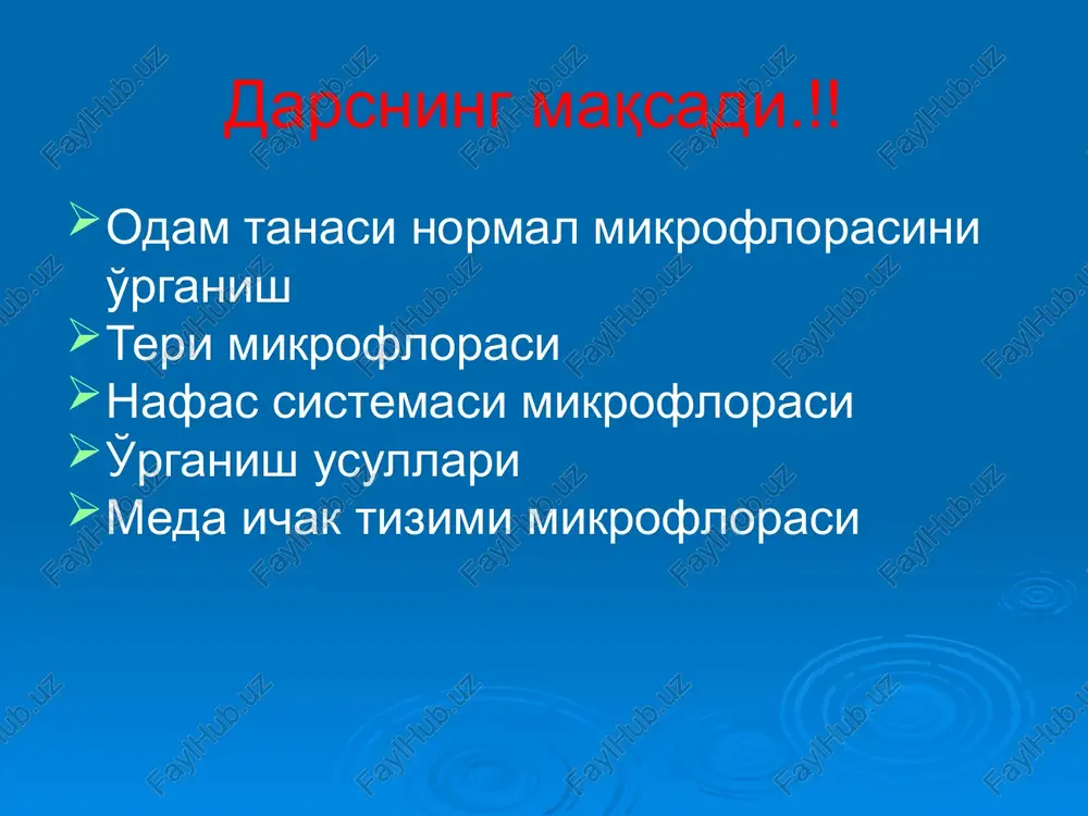 ari xam shu tarzda ta'sir etadi; bularning xammasi terini toza saqlanishi ga yordam beradi. odam terisi «teri kasallik va sog'lik ko'zgusi xisoblanadi» teri mikroflorasi o'rganiladi: ozik-ovkat bloki ishchilarida, magazinchilarda. bolalar bog'chasi xodimlarida. tibbiyot xodimlarida. ozik-ovkat ishlab ch-digan korx ishchilarida. oshpazlarda. teri normoflorasini tashkil kiluvchi mikroorganizmlar epidermal stafilokokk- 85% sartsina difteroidlar 1sm² = zamburug'lar 10³ - 10 4 mikrokokklar uchraydi streptokokklar teri normoflorasining axamiyati: - antogonistik - terini tozalashda 2.nafas yo'llari mikroflorasi: xar bir nafas olishda = 14000 koe mikroorganizm tashkaridan yuqori nafas yo'llariga kiradi. lekin ko'plari yukori nafas yo'llarida qolib ketadi. respirator traktning ximoya faktorlari kiprikchali epiteliy; shillik kavatning barerlik funktsiyasi ; makrofagning fagotsitar aktivligi ; nafas yo'llari xujayralari ajratib chikargan ajralma(sekretsiya) s iga ishlab chiqilishi; lizotsim nafas yo'llari normoflorasiga kiruvchi mikroorganizmlar: yashil streptokokk – 90 % stafilokokk difteroid mikrokokk tekshirish usuli : steril tampon yordamida material olib ozik muxitga ekish 5.oshkozon ichak sistemasi mikroflorasi og'iz bo'shlig'i qizilo'ngach oshqozon ingichka …