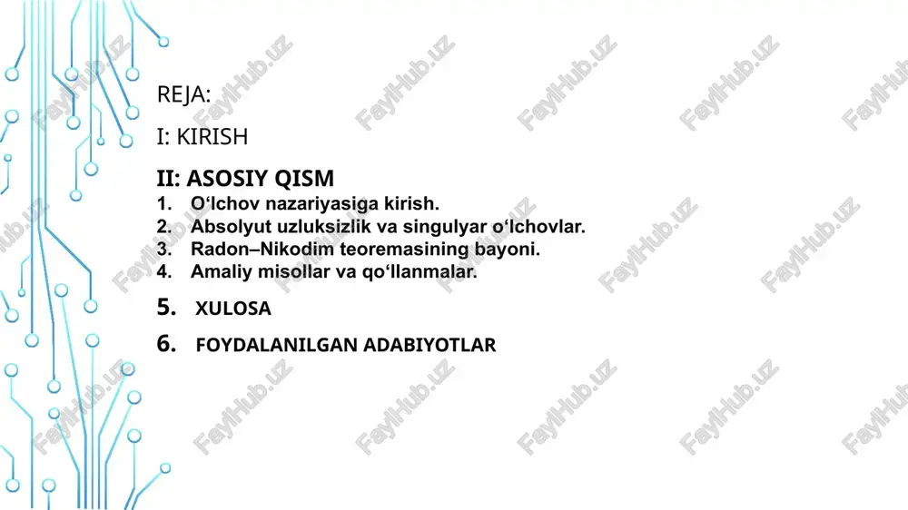 , ya’ni ko‘plab gorizontal qismlar va keskin o‘sish bo‘lgan nuqtalar mavjud. hosila 0 bo‘lgan joylar juda ko‘p (deyarli hamma joyda), lekin funksiya uzluksiz o‘sadi. xossa tavsif uzluksizmi? ha monotonmi? ha hosila mavjudligi deyarli hamma joyda ( f'(x)=0 ) absolyut uzluksizlik yo‘q o‘zgarish borligi ha, ( f(1)-f(0)=1 ) 🧠 3. radon–nikodým teoremasi bilan bog‘liqligi 🔹 3.1. o‘lchov nazariyasi asosida bu teorema absolyut uzluksizlikning o‘lchovlardagi ekvivalenti hisoblanadi. radon–nikodým teoremasi: agar va o‘lchovlar bo‘lib, (ya’ni — ga absolyut uzluksiz) bo‘lsa, unda shunday integrallanuvchi funksiya mavjudki: bu yerda radon–nikodým hosilasi deyiladi. 🔹 3.2. analizdagi bog‘lanish absolyut uzluksiz funksiyaning hosilasi mavjud bo‘lishi radon–nikodým hosilasi mavjudligining funksional analogidir. ya’ni, ni lebeg o‘lchovi orqali “o‘lchov” deb qaralsa, — bu o‘lchovning radon–nikodým hosilasi sifatida chiqadi. 🧠 4. rademacher teoremasi bilan bog‘liqligi rademacher teoremasi: agar lipschitz bo‘lsa, unda deyarli barcha nuqtada differensiallanuvchan. bu teorema shuni bildiradiki, absolyut uzluksiz funksiya (yoki lipschitz funksiya) “silliqlik” jihatdan deyarli hamma joyda odatdagi hosilaga …
