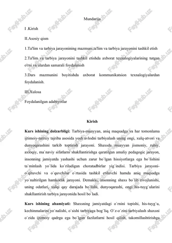 e`tiqod, hayotga nisbatan qarashlar, o`zini-o`zi anglashi, keng fikr yuritishi o`zini va boshqalarni fikri, g`oyalari, qarashlarini baholashi ham tarbiyaning muhim unsurlaridan biridir. jamoa bilan ishlash, boshqalarga nisbatan hurmat hissini oshirish, insonda hamkorlik tuyg`usini shakllantirish ham tarbiya asosida vujudga keladi. bizning olam, borliqqa nisbatan qarashlarimiz paydo bo`layotgan g`oyalarimiz negizida ham aynan shu tarbiya tamoyillari yotadi. tarbiya pedagogikaning ham asosiy tushunchalaridan biri hisoblanadi. pedagogikada tarbiya ikki ma`noda farqlanadi: keng ma`nodagi tarbiya va tor ma`nodagi tarbiya. kurs ishining tuzilishi: kirish qismi , asosiy qism , 3 bo’lim, xulosa va foydalanilgan adabiyotlar asosiy qism keng ma`noda tarbiya- shaxsga jamiyatning ta`sir etishi, ijtimoiy hodisa sifatida qaraladi. ya`ni, shaxsning jamiyat talablariga javob berishiga va jamiyatning ta`siri natijasida shaxsni rivojlantirishga yo`naltirilgan tarbiya. tor ma`nodagi tarbiya- pedagogik jarayon sharoitida ta`lim maqsadini amalga oshirish uchun pedagog va tarbiyalanuvchilarning maxsus tashkil etilgan faoliyati hisoblanadi. bunda, tarbiya ma`lum bir ta`limni o`rganish maqsadida tashkil etiladi va pedagog va o`quvchining faoliyat jarayoni tushuniladi. bundan …