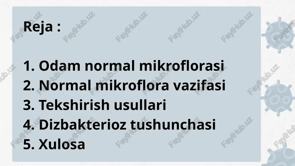 a soat yoki kun ichida yo‘qoladi. ularning ko‘pchiligi patogen yoki shartli-patogen bo‘lishi mumkin. masalan, staphylococcus aureus, pseudomonas aeruginosa va candida albicans ba’zan vaqtinchalik mikroflora tarkibida uchraydi. 🧴 teri mikroflorasi teri mikroflorasi — bu inson terisida doimiy yoki vaqtincha yashovchi foydali va shartsiz patogen mikroorganizmlar majmuasidir. asosiy mikroorganizmlar: staphylococcus epidermidis, propionibacterium acnes, corynebacterium, staphylococcus aureus (kam hollarda), micrococcus. mikroblar eng ko‘p joylashgan qismlari: 1. qo‘ltiq osti, burun atrofi, yuz va orqa — yog‘ va ter ko‘p ajraladigan joylar. 2. kaft va oyoq kafti — tashqi muhit bilan ko‘p aloqa qiladigan joylar. sabab: bu joylarda namlik, harorat, yog‘ (sebum) va oziqa moddalarning mavjudligi mikroblar uchun qulay sharoit yaratadi. mikroblarni tutib qoluvchi va himoya qiluvchi omillar: teri yog‘i (sebum) bakteriyalarga qarshi ta’sir ko‘rsatadi. teri sirtining kislotali ph (4,5–5,5) ko‘pchilik mikroblar uchun noqulay muhit yaratadi. teri sirtining quruqligi va keratin qavati mikroblarning chuqur kirib borishini cheklaydi. ter ajralmasi (ter) ayrim mikroblarni mexanik ravishda yuvib …