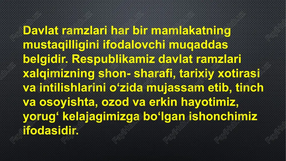 mzidir. o`zbekiston respublikasining davlat bayrog`i xalqaro munosabatlarda o`zbekiston respublikasining timsoli bo`ladi. o`zbekiston respublikasining davlat bayrog`i — bayroqning butun uzunligi bo`ylab o`tgan to`q moviy rang, oq rang va to`q yashil rangli uchta endan tarkib topgan to`g`ri to`rtburchak shaklidagi matodir. o'zbekiston respublikasining davlat madhiyasi o`zbekiston respublikasi davlat madhiyasining matni va musiqasi o`zbekiston respublikasining 1992 yil 10 dekabrdagi 768-xii-sonli «o`zbekiston respublikasining davlat madhiyasi to`g`risida»gi qonuni bilan tasdiqlangan. o`zbekiston respublikasining davlat madhiyasi o`zbekiston respublikasi davlat suverenitetining ramzidir. o`zbekiston respublikasining davlat madhiyasiga zo`r ehtirom bilan qarash o`zbekiston respublikasi har bir fuqarosining vatanparvarlik burchidir. etiboringiz uchun raxmat image2.jpeg image3.gif /docprops/thumbnail.jpeg