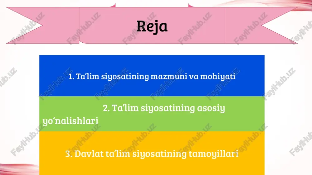 lqaro pisa, timss dasturlari xorijiy tajriba finlyandiya — sifatli bepul ta’lim tizimi janubiy koreya — raqamli ta’lim modeli yaponiya — intizom va texnologiyaga asoslangan ta’lim aqsh — akademik erkinlik va grant tizimi o‘zbekiston ta'lim siyosatida islohotlar yangi o‘quv dasturlari joriy etilmoqda raqamli ta’lim platformalari (my.edu.uz, eduportal) o‘qituvchilar malakasini oshirish tizimi isloh qilinmoqda xalq ta’limi va oliy ta’lim integratsiyasi kuchaymoqda xulosa ta’lim siyosati — bu mamlakatning kelajagini belgilovchi eng muhim yo‘nalishdir. u inson kapitalini rivojlantiradi, jamiyat taraqqiyotini ta’minlaydi va har bir fuqaroning intellektual salohiyatini yuzaga chiqaradi. samarali ta’lim siyosati — bu mamlakatning eng katta boyligi — bilimli avlodni tarbiyalash kafolatidir. • 1. o‘zbekiston respublikasining “ta’lim to‘g‘risida”gi qonuni. — toshkent, 2020-yil 23-sentabr. • 2. “kadrlar tayyorlash milliy dasturi”. — toshkent: “sharq”, 1997. • 3. o‘zbekiston respublikasi prezidentining “2030-yilgacha bo‘lgan ta’lim tizimini rivojlantirish strategiyasi to‘g‘risida”gi farmoni, pq–4884-son, 2020-yil. • 4.hasanboyev j., nishonova z. pedagogika: umumiy ta’lim nazariyasi va amaliyoti. — toshkent: fan va …