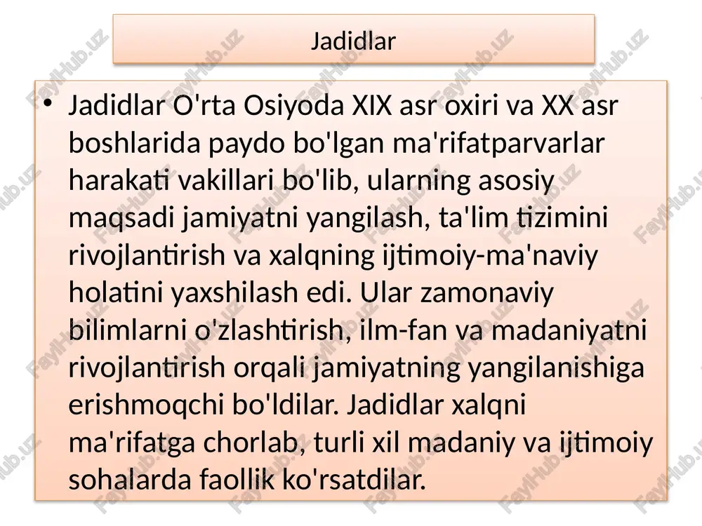 'rifatni targ'ib qilishda teatr va san'atdan ham foydalandilar. ular sahnaga hayotiy voqealar asosida yaratilgan asarlarni qo'yib, xalqning ijtimoiy muammolariga diqqat qaratdilar. bu orqali jamiyatda mavjud muammolarni ochiq muhokama qilishga imkon yaratildi. 6. milliy birlik va birdamlikka intilish: jadidlar turli millat va elat vakillarini birdamlikka chaqirar, ularni bir xalq sifatida shakllanishga undashardi. bu yo'lda jadidlar milliy til, madaniyat va urf-odatlarni rivojlantirishga katta e'tibor qaratdilar. mashhur jadidlar va ularning faoliyati abdulla avloniy (1878-1934) o'zbekistonning taniqli jadid ziyolisi, pedagog, yozuvchi, jurnalist va teatr arbobi bo'lgan. u milliy ma'rifat va madaniyatni yuksaltirishda katta rol o'ynagan, xalqni savodli qilish, yangicha ta'lim olish va milliy ruhni shakllantirish yo'lida fidoyilik ko'rsatgan. uning faoliyati va asarlari millatni ma'rifatga chorlab, ijtimoiy va madaniy o'zgarishlar qilishga yo'naltirilgan. avloniy faoliyatining asosiy yo’nalishlari va asarlari ta'lim va yangi maktablar tashkil etish: avloniy turkistonda birinchi jadid maktablaridan birini ochgan va yangi usuldagi ta'lim tizimini rivojlantirish uchun ko'p mehnat qilgan. u o'zining pedagogik asarlari …