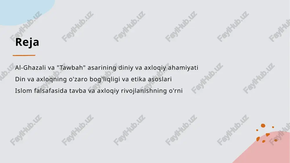 ib, u yuksak insoniylik va ma'naviy kamolotga olib keladi. tawbah" asari orqali din va axloqning uzviy bog'liqligi va jamiyatdagi ta'siri 1 tawbah va axloqdagi uyg‘unlik - tawbah, insonning xatolari uchun uzr so‘rash va yaxshilanish jarayonidir. bu, diniy va axloqiy rivojlanishning uzviy bog‘liqligini ta'minlaydi. 2 din va axloqning birlikdagi ta’siri - al-ghazali ta'limotlariga ko‘ra, taqvo va tavba orqali axloqiy qadriyatlar mustahkamlanadi. bu, jamiyatda muvozanat va erta xotirjamlikni shakllantiradi. 3 jamiyatdagi roli - tavba va axloqiy rivojlanish, insonlarni mehr-shafqat va adolatga o‘rgatadi. bu, diniy qadriyatlarning ijtimoiy hayotda chuqur o‘z aksini topishini ta’minlaydi. din va axloqning uzviy bog‘liqligi: insonlik va ruhiy rivojlanish asoslari 1 insoniylik va axloq insonlik, diniy va axloqiy qadriyatlarning asosiy poydevoridir. bu, insonning o‘zini anglash va boshqalar bilan muvofiqlikda bo‘lishi uchun muhimdir. 2 ruhiy rivojlanish diniy amallar va axloqiy qadriyatlar orqali ruhiy rivojlanish yuzaga keladi. tavba va kechirim insonning ruhini yuksaltiradi va ichki barqarorlikni ta’minlaydi. 3 diniy va axloqiy bog‘liqlik …