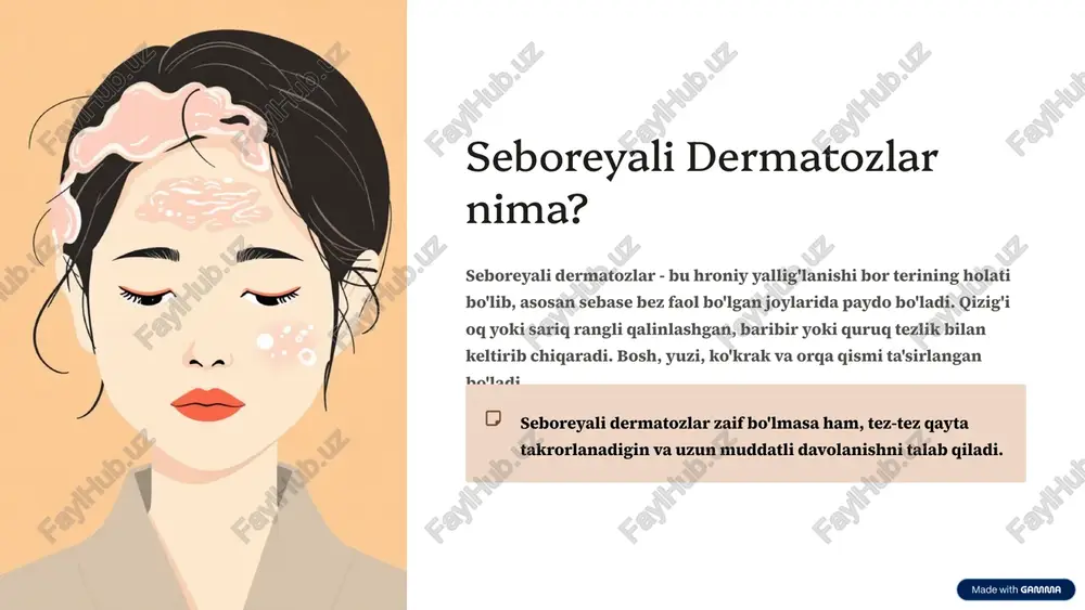 charcoal maskalar sabun bo'lmagan tishlash suvlari 7 hayot tarzi va profilaktika 1 skin care rutini yumshoq sabun va iliq suvda yuving, keyin deri emoliyent sutisini olib, teri qurulatilsin. qat'i sabun ishlatmang va ko'p vaqt ishlatmang. 2 stress boshqaruvi yoga, meditatsiya yoki terapiya orqali stressni kamayting. stressli ahvolda salomatlik holati yomonlashadi. 3 iqlim himoyasi sovuq va quruq iqlimda teri quruqligini oldini olish uchun namlik qo'shing va shakar oqni qisqartiring. 8 asoratlar va oldini olish mumkin bo'lgan asoratlar ikkinchi darajali infeksiyalar, teri markazini qo'l bosish, ko'zning qo'ziqoq qismining yallig'lanishi yoki hajji shodanish. oldini olish choralari bermiga chizish, teri integralligi saqlanish, vaqtida darvolash va immuitetni kuchaytirilish zarur. qachon shifokorga murojaat qilish belgilari uch haftadan ko'proq davom etsa, o'zini ishontirmasdan yoki infektsiya belgilari bo'lsa. 9 xulosa va asosiy tavsiyalar asosiy nuqtalar seboreyali dermatozlar zaif bo'lmasa ham, to'liq davolash zarur. genetika va immuitet muhim rol o'ynaydi. doimiy boshqaruv davolash uzun muddatli va mustahkam profilaktika bilan …