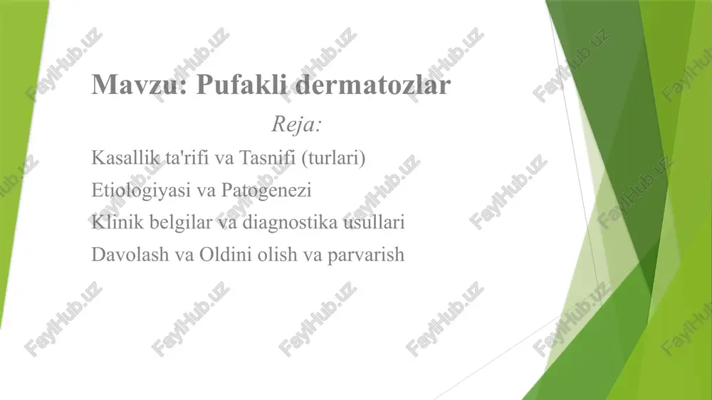 sh uchun antitana ishlab chiqaradi. natijada nima bo‘ladi: antitanalar teri hujayralarini bir-biriga bog‘lab turuvchi oqsillarga (masalan, desmoglein, hemidesmosoma oqsillari) qarshi hujum qiladi. bu oqsillar buziladi → hujayralar orasida bo‘shliq paydo bo‘ladi → suyuqlik to‘planadi → pufak hosil bo‘ladi. autoimmun jarayonni qo‘zg‘atadigan omillar stress, ruhiy zo‘riqish infeksiyalar (ayniqsa virusli yoki bakterial) dorilar (masalan: penitsillamin, kaptopril, furosemid kabi dorilar) quyosh nuri yoki ultrabinafsha nurlanish gormonal o‘zgarishlar (ayniqsa ayollarda) tana autoimmun kasalliklari (masalan, revmatoid artrit, qandli diabet) autoimmun shakllarga kiradi: pemfigus vulgaris bullioz pemfigoid dermatitis herpetiformis 2. irsiy pufakli dermatozlarning etiologiyasi bu shaklda sabab genetik nuqsonlardir. ya’ni terining mustahkamligini ta’minlovchi oqsillarni kodlovchi genlarda mutatsiya (o‘zgarish) bo‘ladi. natijada: teri juda nozik va zaif bo‘ladi. ozgina ishqalanish yoki bosim ham pufak hosil qiladi. bu tur irsiy yo‘l bilan o‘tadi: ota-onadan bolaga dominant yoki resessiv gen orqali o‘tadi. belgilar odatda tug‘ilishdan yoki bolalikdan boshlab namoyon bo‘ladi. irsiy shaklga misol: epidermolysis bullosa qo‘shimcha sababchi omillar (ikkala turda …