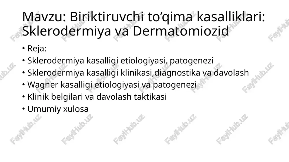 huvchi turi) visseral ssd (ichki a’zolar zararlanishi) yuvenil ssd (asosan,16 yoshgacha bo’lgan bolalarda,terisida o’zgarish yuzaga kelishi bilan kechadi) tasnifi: diffiz sklerodermiya cheklangan tipdagi sklerodermiya( crest sindromi) klinikasida asosan teri va organlardagi o’zgarishlar yotadi: terida: sklerozlanish,teri taranglashuvi(ajinsiz silliqlik),barmoq uchidagi o’zgarishlar teloangioektaziya sochlar to’kilishi poli yoki depigmentatsiya sklerodaktiliya(qush panjasiga o’xshab qolishi) kisset lab( burun va lab qismlari tortilishi) qon tomirlarda:reyno fenomeni qanday bo’ladi: avval stress yoki sovuq ta’siridaqon tomirlarda vazospazm sabab teri oqimi pasayishi natijasida > teri rangi avval ishemiya sabab oqaradi> so’ng gipoksiya sabab ko’karadi va reperfuziya( qon oqimi qayta tiklanishi) hisobiga qizaradi. bu fenomen asosan oyoq va qo’l barmoqlarida bo’ladi. shuningdek, bo’g’imlarda-assimmetrik poliartritlar,artralgiya,karaxtlik,deformatsita va ankiloz holati yo’qolishi bo’lishi mushaklarda-miozit,polimiozit,mialgiya belgilari suyaklarda-osteoliz>oyoq panjalarida ko’p holatlarda buyraklarda-nefroskleroz(keyinchalik umumiy buyrak kasalliklari,buyrak yetishmovchiligi) o’pkada-pnevmoskleroz,emfizema>hansirash va yo’tal belgilari git-refluks ezofagit,disfagiya va dispeptik holatlar yurakda-miokard zararlanishi,kardioskleroz,mitral klapan zararlanishi bo’ladi. +limfa va nerv sistemasida ham buzulishlar mneumknika uchun: diagnostika: qon tahlili: •ana(antinuklear antitana),dnk-ab -echt va crp ortishi …