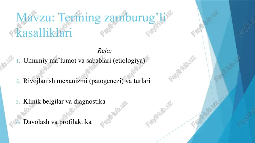 , qizaradi, po‘st tashlaydi, ba’zan suyuqlik chiqadi yoki yoriqlar paydo bo‘ladi. agar infeksiya chuqur qatlamlarga o‘tsa — yallig‘lanish kuchayadi va immun tizim javob beradi (masalan, shish, qizillik, og‘riq paydo bo‘ladi). qo’shimcha malumot zamburug‘ teriga tushadi. masalan, hammomda, poyabzaldan yoki boshqa odamning buyumidan teriga o‘tadi. teri ustida joylashadi. teri usti (epidermis)da keratin degan modda bor — bu o‘lik hujayralardan tashkil topgan qobiqcha. zamburug‘ aynan shu keratin bilan oziqlanadi — ya’ni uni “yeydi” degani. ko‘payishni boshlaydi. agar teri nam, issiq yoki tozalikka e’tibor berilmagan bo‘lsa, zamburug‘lar juda tez ko‘payadi. teri hujayralarini buzadi. ular o‘sgani sari hujayralarni yemirib, u yerdan moddalar ajratadi, natijada: teri qizaradi, qichishadi, po‘st tashlaydi yoki yoriq paydo bo‘ladi. organizm bunga javob qaytaradi. immun tizim zamburug‘ni “begona narsa” deb tanib, unga qarshi yallig‘lanish reaktsiyasini boshlaydi. shuning uchun ba’zida shish, achishish yoki og‘riq bo‘ladi. agar vaqtida davolanmasa, zamburug‘ terining boshqa joylariga yoki tirnoqlarga ham o‘tadi, hatto soch ildizlarini ham zararlashi mumkin …