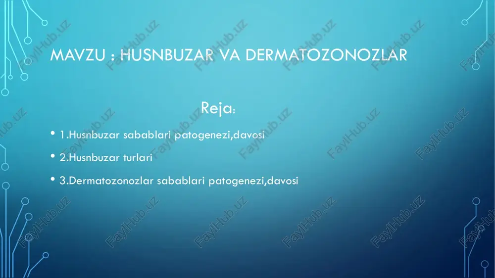 akterium acnes –terining doimiy yashovchi bakteriyasi hisoblanadi.poralar yopilganda , ichkarida anearob (kislorodsiz )muhit paydo boʻladi va bakteriyalar uchun qulay muhit yaratiladi.ular yogʻni parchalab ,erkin yogʻ kislotalari hosil qiladi va yalligʻlanish boshlanadi . • 4.yalligʻlanish • bakteriyalar va ularning mahsulotlari immun tizimini faollashtiradi. • neytrofillar, limfotsitlar,makrodaglar yogʻ bezlariga hujum qiladi . • shu sababli terida qizarish,shish ,ogʻriq,yiring hosil boʻlishi mumkin • kuchli yalligʻlanish natijasida esa toʻqimalar shikastlanadi va chandiq paydo boʻladi husnbuzar davosi: 3ta darajaga qarab farqlanadi : • 1.yengil darajada • -antiseptik kremlar –klindamisin ,zineryt • -salitsil kislotali tozalovchi tonikklar • -retinoidlar • -dezinfeksiyalovchi sovunlar,gel,kremlar • -eritromitsin streptositasin mazlari(2-5%) • -kuniga 2marta yumshoq yuvish vositasi bilan tozalash • oʻrta ogʻir daraja va ogʻir darajalar : • - antibiotiklar:tetratsiklin ,eritromitsin,oksitatsiklin 500mg dan kuniga 2marta • -doksitsiklin 1000mg dan kuniga 2marta • -ayollarda –antigormon tabletka (diane-35,yasmin). • -sintetik retinoidlar , xususan roaccutane 0.1-0.5mg/kg dan kuniga 4oy va undan ortiq • fizioterapiya:geloioterapiya husnbuzar …