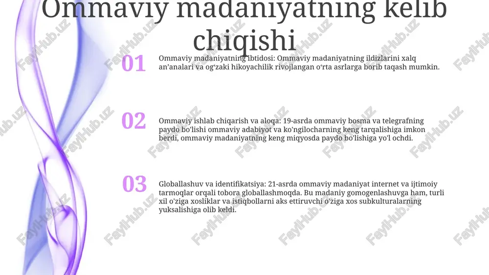 osda muloqotni osonlashtiradi. savodxonlikning tarqalishi: - ta'lim va bosma materiallardan foydalanishning kengayishi, ayniqsa, o'rta sinf orasida savodxonlikning keng tarqalishiga olib keldi. ommaviy axborot vositalari: - matbaa va telegraf kabi yangiliklar g'oyalar va ma'lumotlarni kengroq auditoriyaga tarqatishni osonlashtirdi. urbanizatsiya va iste'molchilikning kuchayishi urbanizatsiyaning ko'tarilishi: shaharlar savdo, ta'lim va madaniyat markazlariga aylandi, bu aholi zichligi oshishiga va shahar infratuzilmasining rivojlanishiga olib keldi. iste'molchilikning rivojlanishi: sanoatlashtirish va ommaviy ishlab chiqarish yangi tovarlar va xizmatlarni yaratdi, o'sib borayotgan shahar aholisi o'rtasida moddiy va sarf-xarajatlar madaniyatini rivojlantirdi. ommaviy axborot vositalarining paydo bo'lishi: matbaa, telegraf va telefon g'oyalar va ma'lumotlarning tarqalishiga yordam berdi, yangi madaniy yo'nalishlarni targ'ib qildi va jamoatchilik fikrini shakllantirdi. 20-asr va ommaviy madaniyatning oltin davri madaniy xilma-xillik va globallashuv: 20-asrda dunyoning o'zaro bog'liqligi ommaviy madaniyatda madaniy xilma-xillikning oshishiga olib keldi. turli xalqlar va mintaqalar o'rtasidagi g'oyalar va ta'sirlar almashinuvi global tendentsiyalarning kuchayishiga va madaniy elementlarning uyg'unlashuviga yordam berdi. ommaviy axborot vositalarining ta'siri: 20-asr …