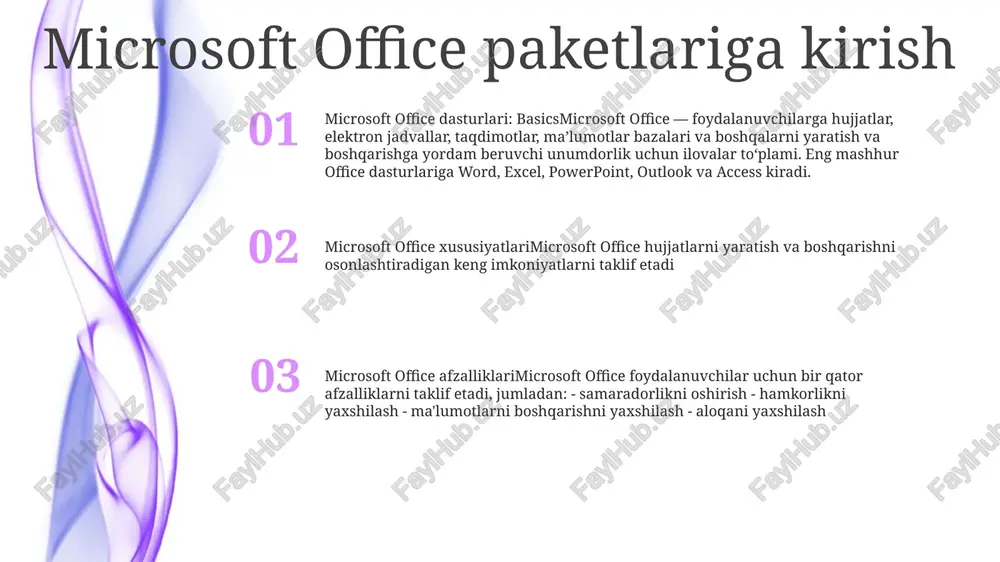 real vaqtda boshqalar bilan hamkorlik qiling. excel: elektron jadvallarni tahlil qilish va ma'lumotlarni boshqarish 1: excel - bu microsoft office suite-ga kiritilgan kuchli elektron jadvallarni tahlil qilish va ma'lumotlarni boshqarish vositasi. 2: u ma'lumotlarni kiritish, manipulyatsiya, vizualizatsiya va hisoblash uchun keng imkoniyatlarni taklif etadi. 3: excel foydalanuvchilarga ma'lumotlarni turli formatlarda, jumladan, diagrammalar, grafiklar va pivot jadvallarni tartibga solish, tahlil qilish va taqdim etish imkonini beradi. powerpoint: taqdimotlarni loyihalash va yaratish yaratish va hamkorlik: prezentatsiyalarni muammosiz yaratish va tahrirlash uchun real vaqt rejimida jamoalar bilan hamkorlik qiling. taqdimot dizayni: professional andozalar va dizayn vositalari yordamida vizual ta'sirchan slaydlar yarating. office integratsiyasi: taqdimotlarni yaxshilash uchun excel, word va outlook kabi boshqa microsoft office ilovalari tarkibiga kirish va joylashtirish. outlook: elektron pochta, kalendar va vazifalarni boshqarish vazifalarni boshqarish: outlook foydalanuvchilarga vazifalarni samarali yaratish, ustuvorlashtirish va kuzatish imkonini beruvchi mustahkam vazifa menejerini birlashtiradi. bu muddatlarni belgilash, eslatmalar qo'shish va boshqalarga topshiriqlar berishni qo'llab-quvvatlaydi, samaradorlik …