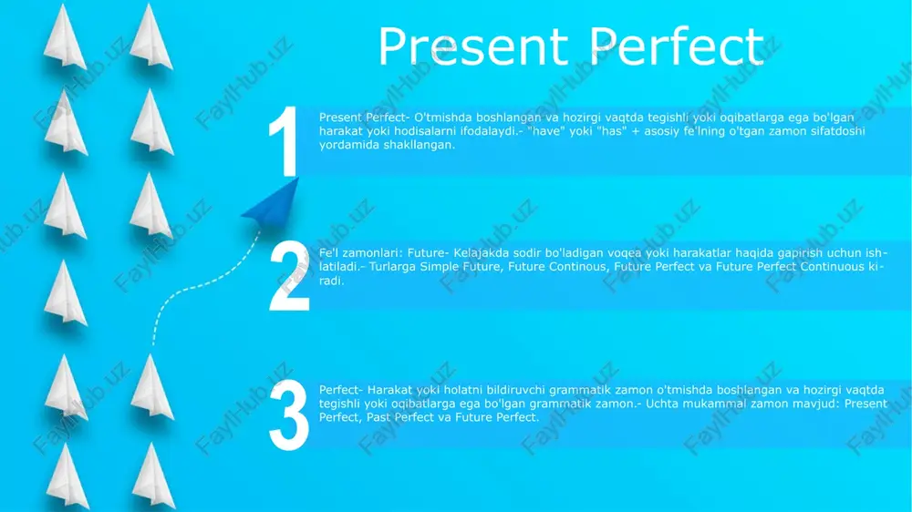 ajak davomi (fe'l bo'ladi) future perfect continuous: kelajakda ma'lum bir nuqtaga qadar bir muncha vaqt davom etadigan harakatni ifodalaydi. misol: "men yil oxirigacha to'rt oy davomida ushbu loyiha ustida ishlayman." o'tmishda kelajak mukammal 1: foydalanisho‘tmishda mukammal kelajak o‘tmishda ma’lum bir vaqtga qadar tugallangan harakatni ifodalaydi. odatda faraziy vaziyatni ko'rsatish yoki amalga oshirilmagan rejalashtirilgan harakatni tasvirlash uchun ishlatiladi. 2: konstruksiya o‘tmishda kelajakni mukammal yasash uchun bosh fe’lning o‘tgan zamon sifatdoshi + would have dan foydalaning. masalan: "u ertaga loyihani tugatgan bo'lardi." 3: misollar- "agar u avtobusni o'tkazib yubormaganida, jon hozir uyda bo'lardi."- "uchrashuv boshlanganda biz taqdimotni allaqachon yakunlagan bo'lardik."- "men sizga tezroq qo'ng'iroq qilgan bo'lardim, lekin menda sizning telefon raqamingiz yo'q edi." o'tmishda future perfect continuous start future perfect continuous in the past o'tmishda boshlangan va kelajakda ma'lum bir vaqtgacha davom etadigan harakatni bildiradi. fe'l zamonlarifuture: kelajakda sodir bo'ladigan ish-harakatni ifodalaydi.mukammal: muayyan vaqt yoki hodisa oldidan bajarilgan ish-harakatni bildiradi. misol jumlalar- …