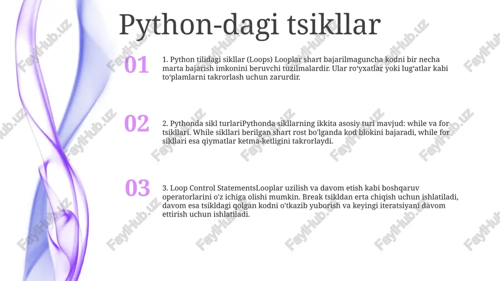 peratori siklning qolgan iteratsiyasini o'tkazib yuborgan holda tsikldan muddatidan oldin chiqish imkonini beradi. bu tsikl ichida ma'lum bir shart bajarilganda foydali bo'ladi va siz bajarilish darhol tsikldan tashqariga chiqishini xohlaysiz. continue operator davom etish operatori siklning joriy iteratsiyasini o‘tkazib yuboradi va keyingi iteratsiyaga o‘tadi. break operatoridan farqli o'laroq, u tsiklni tugatmaydi, lekin keyingi iteratsiyadan boshlab bajarishni davom ettiradi. operatorni davom ettiring continue operatori: davom etish iborasi siklning joriy iteratsiyasini o‘tkazib yuboradi va keyingisi bilan davom etadi. muayyan iteratsiyalarni o'tkazib yuborish kerak bo'lgan murakkab mantiq uchun foydalidir. python sikl konstruksiyalari: python ikkita asosiy sikl konstruksiyalarini taklif qiladi: while va for loop. while sikllari belgilangan shart rost bo'lganda bajariladi, while for sikllari ketma-ketlikda takrorlanadi. yuvalangan halqalar: bir halqa boshqasi ichiga joylashtirilganda ichki o'rnatilgan halqalar paydo bo'ladi. ular murakkab iterativ operatsiyalarni bajarishga imkon beradi va ko'p o'lchovli ma'lumotlarni yoki ierarxik tuzilmalarni qayta ishlash uchun foydali bo'lishi mumkin. range() funktsiyasi python looping constructspython uch …