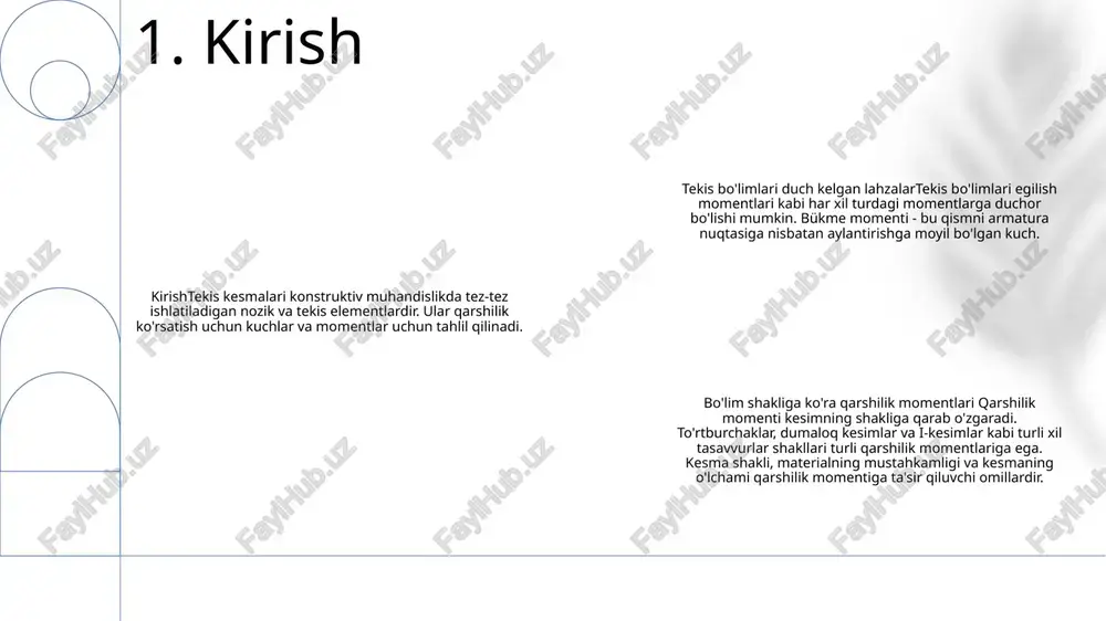 o'qi bo'yicha plastik modul (zx) x o'qiga nisbatan plastik modul, zx, kesmaning plastik egilish qobiliyatining o'lchovidir, bu kesimning egilish ostidagi plastik deformatsiyaga chidamliligini ifodalaydi 3. to'rtburchaklar kesimlarning qarshilik momentlari to'rtburchak kesim: to'g'ri to'rtburchak kesimning qarshilik momenti formula bilan aniqlanadi:```w = (bh^2)/6``` bu erda b - eni, h - kesmaning balandligi. doira kesimi: aylana kesmaning qarshilik momenti formula bilan aniqlanadi:```w = (pd^3)/32```bu yerda d - kesmaning diametri. ichi bo'sh dumaloq kesim: ichi bo'sh aylana kesimning qarshilik momenti formula bilan aniqlanadi:```w = (p(d1^4 - d2^4))/(32d1)``` bu erda d1 - tashqi diametr va d2 - kesmaning ichki diametri. 4. dumaloq kesimlarning qarshilik momentlari e'tiboringiz uchun rahmat @taqdimot_robot image1.png /docprops/thumbnail.jpeg