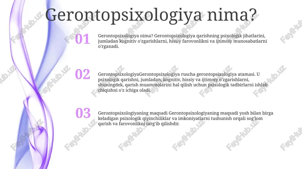 da. geropsixologiya: qarishning psixologik jihatlariga, jumladan, kognitiv o'zgarishlar, hissiy farovonlik va munosabatlarga qaratilgan psixologiya sohasi. kognitiv qarish kognitiv qarish: umr bo'yi sodir bo'ladigan kognitiv o'zgarishlarni nazarda tutadi, ayniqsa keksa odamlarda xotira, diqqat va ishlov berish tezligi kabi kognitiv funktsiyalarning pasayishiga e'tibor beradi. gerontopsixologiya: keksa odamlar bilan bog'liq muammolarga, shu jumladan ularning psixologik va kognitiv faoliyatiga, shuningdek, keyingi hayot muammolariga moslashishiga qaratilgan psixologiya sohasi. geriatrik ruhiy salomatlik: keksa odamlarda ruhiy kasalliklar diagnostikasi va davolash bilan shug'ullanadigan, qarish va birgalikda yuzaga keladigan tibbiy sharoitlar bilan bog'liq noyob muammolarni hal qiladigan psixiatriyaning kichik mutaxassisligi. jismoniy qarish gerontopsixologiya: psixologiyaning qarish va u bilan bog'liq psixologik o'zgarishlarni o'rganishga qaratilgan bo'limi. jismoniy qarish: yosh o'sishi bilan yuzaga keladigan jismoniy qobiliyatlar va fiziologik funktsiyalarning bosqichma-bosqich pasayishini anglatadi. fiziologik qarish: odamlarning yoshiga qarab miya tuzilishi va funktsiyasi, hissiy qobiliyatlari, motor qobiliyatlari va immunitet tizimi imkoniyatlaridagi o'zgarishlarni o'z ichiga oladi. hissiy qarish gerontopsixologiya: qarishning psixologik jihatlariga, jumladan, hissiy farovonlik, …