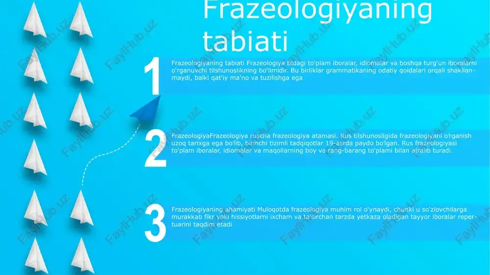 chiga oladi, frazemalar yoki idiomalar. bu turg‘un iboralar o‘ziga xos ma’nolarga ega bo‘lib, ularni o‘z ichiga olgan alohida so‘zlardan bevosita xulosa qilib bo‘lmaydi. frazeologiyani o'rganishning afzalliklari: frazeologiyani tushunish tilning ravonligini, kommunikativ kompetentsiyasini va madaniy xabardorlikni oshiradi. u idiomatik foydalanishni targ'ib qiladi, tushunishni yaxshilaydi va ijtimoiy va professional kontekstlarda samarali muloqotni osonlashtiradi. e'tiboringiz uchun rahmat @taqdimot_robot image12.jpg image3.jpg image2.jpg /docprops/thumbnail.jpeg