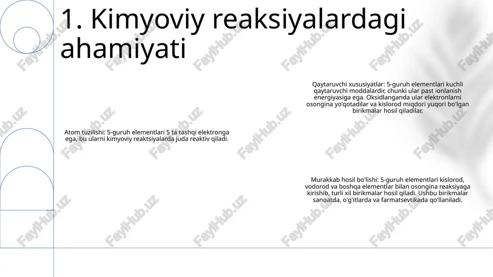 o'llaniladi. natriy va kaliy suyuqlik balansini tartibga solish uchun elektrolitlar eritmalarida ishlatiladi 3. biotibbiy ahamiyati atrof-muhitga ta'siri: 5g texnologiyasi tarmoq zichligi oshishi va yuqori chastotali spektrdan foydalanish tufayli sezilarli darajada energiya sarflaydi, bu esa iqlim o'zgarishini kuchaytirishi mumkin. hukumatlar uchun 5g ning ahamiyati: 5g ilg‘or mobil boshqaruv, aqlli shaharlar va samarali davlat xizmatlarini ko‘rsatish imkonini beradi, hukumatning sezgirligini va fuqarolarning faolligini oshiradi. 5g ning sanoat uchun ahamiyati: 5g avtomatlashtirish, real vaqtda qaror qabul qilish va masofaviy operatsiyalarni amalga oshirish, ishlab chiqarish, sog‘liqni saqlash va transport kabi sohalarni o‘zgartirish imkonini beradi. 4. atrof-muhitga ta'siri 5-guruh elementlarining elektron tuzilishi: bu guruhdagi elementlar (azot, fosfor, mishyak, surma va vismut) uchta valentlik elektronga ega va yarim metall xossalarini ko'rsatadi. 5-guruh elementlarining optik xususiyatlari: bu guruhdagi elementlar yorug'lik ostida porlamaydi, lekin ular optik qurilmalarda yarim o'tkazgich materiallar sifatida keng qo'llaniladi. fosfor va mishyak birikmalari led va quyosh batareyalarida qo'llaniladi. 5-guruh elementlarining ahamiyati5-guruh elementlari ko'plab sanoat …