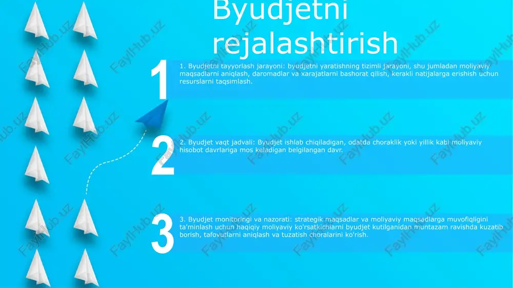 yudjetlash jarayoni: maqsadlarni belgilash, daromadlar va xarajatlarni hisoblash va resurslarni taqsimlashni o'z ichiga olgan ma'lum bir davr uchun, odatda bir yil uchun moliyaviy rejani aniqlash. byudjet nazorati jarayoni: moliyaviy natijalarni monitoring qilish va nazorat qilish, haqiqiy xarajatlar byudjetga mos kelishini ta'minlash va kerak bo'lganda tuzatish choralarini ko'rish. byudjet hisoboti byudjet hisoboti: kompaniya byudjetining holati to'g'risidagi hisobot, haqiqiy xarajatlar va daromadlarni byudjet summalari bilan taqqoslaydi. byudjetlash jarayoni: moliyaviy resurslarni rejalashtirish, taqsimlash va monitoringini o'z ichiga olgan byudjetni yaratish va boshqarish jarayoni. byudjet hisoboti va byudjet jarayonining ahamiyati: kompaniya xarajatlarining strategik maqsadlariga mos kelishini ta'minlashga yordam beradi, o'z vaqtida tuzatishlar kiritishga imkon beradi va moliyaviy nazoratni kuchaytiradi. byudjet auditi start audit doirasi:- byudjetni tayyorlash, ijro etish va hisobot berish ustidan ichki nazoratning etarliligini baholaydi.- byudjet yo'riqnomalari va qoidalariga muvofiqligini baholaydi. audit tartib-qoidalari:- byudjet hujjatlari, moliyaviy hisobotlar va qo'llab-quvvatlovchi yozuvlarni ko'rib chiqadi.- byudjet jarayoniga jalb qilingan asosiy xodimlar bilan suhbatlar o'tkazadi.- potensial zaif …