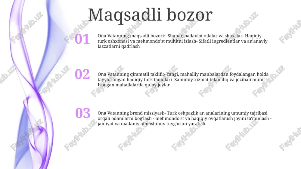 ni sozlashi va havo sifatini kuzatishi mumkin. marketing kanallari to'g'ridan-to'g'ri tarqatish: ona vatan o'z mahsulotlarini bevosita istanbuldagi flagman do'koni orqali sotadi. chakana savdo sherikliklari: brend turkiyadagi mustaqil butiklar va maxsus chakana sotuvchilar bilan hamkorlik qiladi va o'z qamrovini kengaytirish uchun xalqaro bozorlarni tanlaydi. onlayn bozor: ona vatan elektron tijorat platformasiga ega boʻlib, u yerda mijozlar oʻzining noyob dizaynlari va aksessuarlarini xarid qilishlari mumkin. sotish strategiyasi ma'lumotlarga asoslangan tushunchalar: kompaniya mijozlar ma'lumotlarini to'plash va ularning afzalliklari, sotib olish usullari va og'riqli nuqtalari haqida ma'lumot olish uchun ma'lumotlar tahlilidan foydalanadi. ma'lumotlarga asoslangan ushbu yondashuv ona vatanga ongli qarorlar qabul qilishda va savdo strategiyalarini shaxsiylashtirishda yordam beradi. mijozlarni segmentatsiyalash: ona vatan strategik jihatdan mijozlar bazasini demografik, imtiyozlar va xarid qilish xulq-atvoriga qarab alohida guruhlarga ajratadi. bu ularga savdo harakatlarini moslashtirishga va mijozlarning aniq ehtiyojlarini qondirishga imkon beradi. qiymat taklifi: ona vatan o'z mahsulotlari va xizmatlarining noyob qiymat taklifini aniq belgilaydi va etkazadi. ular …