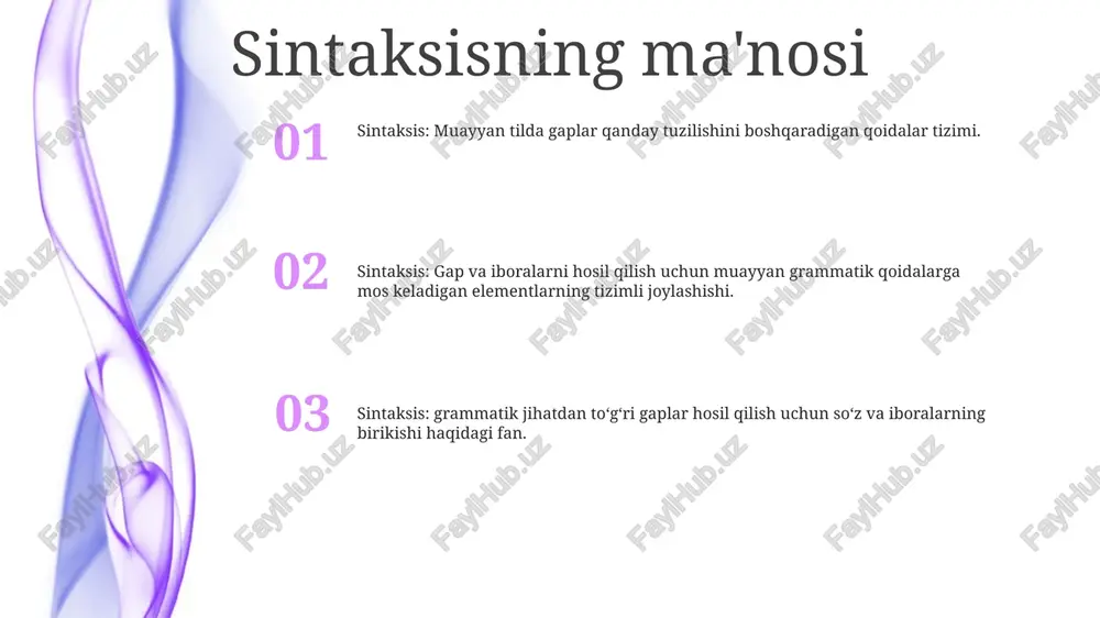 h. kontekstsiz grammatika va sintaksis: kontekstsiz grammatika jumlalarning sintaktik tuzilishini tushunish uchun rasmiy asosni ta'minlaydi va jumladagi so'zlar orasidagi grammatik munosabatlarni modellashtirish uchun ishlatilishi mumkin. chomskiy ierarxiyasi fraza tuzilishi qoidalari: iboralar yaratish uchun so'zlarning qanday qo'shilishini va jumlalarni qanday qilib iboralar qanday qilib birlashtirilishini aniqlang. sintaktik turkum: gap boʻlaklari (ot, feʼl, sifat va boshqalar) va ularning gap ichidagi vazifalari bilan bogʻliq. transformatsion qoidalar: turli ma'nolar yoki tuzilmalarga ega bo'lgan yangi jumlalarni yaratish uchun iboralar va jumlalarni manipulyatsiya qilishga ruxsat bering. dasturlash tillarida sintaksis sintaksis turli xil dasturlash tillari orasida sezilarli darajada farq qilishi mumkin, shuning uchun siz foydalanayotgan til uchun maxsus sintaksisni o'rganish muhimdir. sintaksis - bu ma'lum bir dasturlash tilida to'g'ri dastur yozishni belgilaydigan qoidalar to'plami. dastur ushbu qoidalarni buzganida sintaksis xatolari yuzaga keladi va kompilyator yoki tarjimon kodni tushunolmaydi. e'tiboringiz uchun rahmat @taqdimot_robot image11.jpg image3.jpg image2.jpg /docprops/thumbnail.jpeg
