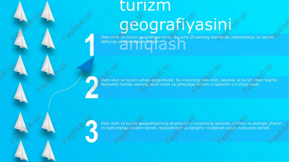 ) va bilvosita xarajatlar (masalan, transport, xarid qilish) orqali daromad keltiradi. soliq daromadlari va daromadlarini taqsimlashturizm savdo, turar joy va boshqa soliqlardan soliq tushumlarini ishlab chiqaradi. ushbu daromadlar mahalliy xizmatlar va infratuzilmani moliyalashtirish uchun ishlatilishi mumkin, bu ham turistlar, ham aholi uchun foyda keltiradi. turizmning ijtimoiy va madaniy ta'sirini o'rganish 1. iqtisodiy ta'sir: turizm ish o'rinlarini yaratishi, soliq tushumlarini oshirishi va mahalliy biznesni rivojlantirishi mumkin. shuningdek, u mehmonxonalar, restoranlar va transport tizimlari kabi yangi infratuzilmalarning rivojlanishiga olib kelishi mumkin. 2. ijtimoiy ta'sir: turizm madaniyatlararo tushunish va bag'rikenglikni rivojlantirishi mumkin. bu madaniy meros va an'analarni saqlab qolishga ham olib kelishi mumkin. biroq, bu jinoyat, fohishalik, giyohvandlik kabi ijtimoiy muammolarni ham keltirib chiqarishi mumkin. 3. atrof-muhitga ta'siri: turizm atrof-muhitga zarar etkazishi mumkin, masalan, havo va suvning ifloslanishi, o'rmonlarning kesilishi va eroziya. biroq, bu milliy bog'lar va qo'riqxonalarni yaratish orqali atrof-muhitni muhofaza qilishga ham olib kelishi mumkin. dam olish va turizm uchun tabiiy …