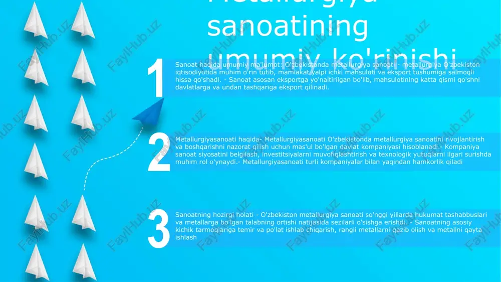 : temir va alyuminiy kabi turli shakllarga bolg'acha urish yoki o'rash mumkin. egiluvchan metallar: oltin, kumush va mis kabi yumshoq va shakli oson. metalllarning mo'rtligi: quyma temir va sink kabi qattiq va mo'rt. rudalardan metallarni ajratib olish metall qazib olish: jarayonmetalni qazib olish uchta asosiy bosqichni o'z ichiga oladi:- rudani qazib olish va tayyorlash: rudalar shaxtalardan qazib olinadi va kichikroq bo'laklarga bo'linadi.- metall qazib olish: metalllarni qovurish, eritish va yuvish kabi turli usullar yordamida rudadan ajratish metalllarni tozalash va qayta ishlash jarayon metallurgiyasi: metall ishlab chiqarishda ishtirok etadigan kimyoviy va fizik jarayonlarga e'tibor qaratgan holda, ularning rudalaridan metallarni ajratib olish va tozalashni o'z ichiga oladi. jismoniy metallurgiya: turli sharoitlarda metallarning xossalari va xatti-harakatlariga, jumladan, mexanik, issiqlik va elektr xususiyatlariga, shuningdek, ularning mikro tuzilishi va fazaviy o'zgarishlariga e'tibor qaratadi. metallga ishlov berish va ishlab chiqarish: butlovchi qismlar va tuzilmalarni yaratish uchun quyish, zarb qilish, prokatlash va payvandlash kabi usullardan foydalangan holda …