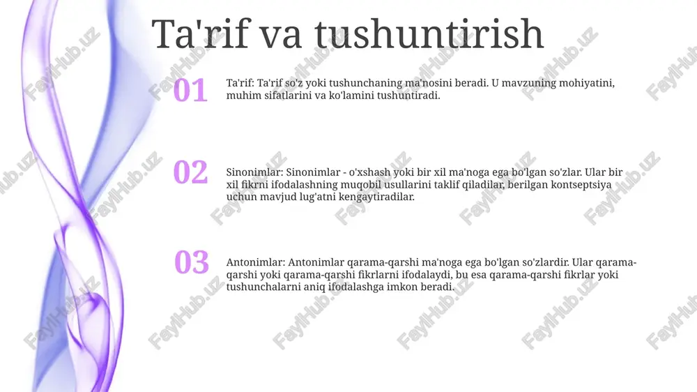 ar g'oyalarni samarali ravishda qarama-qarshi qo'yadi, aniq fikrlarni ta'kidlashga va mo'ljallangan ohanglarni etkazishga yordam beradi. umumiy xatolar va ulardan qanday qochish kerak antonimlarda yoʻl qoʻymaslik kerak boʻlgan keng tarqalgan xatolar:- ikki soʻz bir-biriga qarama-qarshi maʼnoga ega boʻlgani uchun ularni antonim deb hisoblash notoʻgʻri boʻlishi mumkin.- baʼzi soʻzlar bir nechta maʼnoga ega, lekin ularning hammasi ham antonim emas. sinonimlarda yoʻl qoʻymaslik kerak boʻlgan keng tarqalgan xatolar:- sinonimlarni notoʻgʻri ishlatish notoʻgʻri aloqa va tushunmovchilikka olib kelishi mumkin.- sinonimlarni ishlatishdan oldin uning maʼnosini har doim tekshirib koʻring, u toʻgʻri almashtiriladi. amaliyotda sinonim va antonimlar:- sinonimlar yozuv va nutqqa rang-baranglik va chuqurlik kiritish uchun ishlatilishi mumkin.- antonimlar kontrast yaratish, farqlarni ajratib ko'rsatish va muayyan nuqtalarga e'tiborni jalb qilish uchun ishlatilishi mumkin. e'tiboringiz uchun rahmat @taqdimot_robot image11.jpg image3.jpg image2.jpg /docprops/thumbnail.jpeg