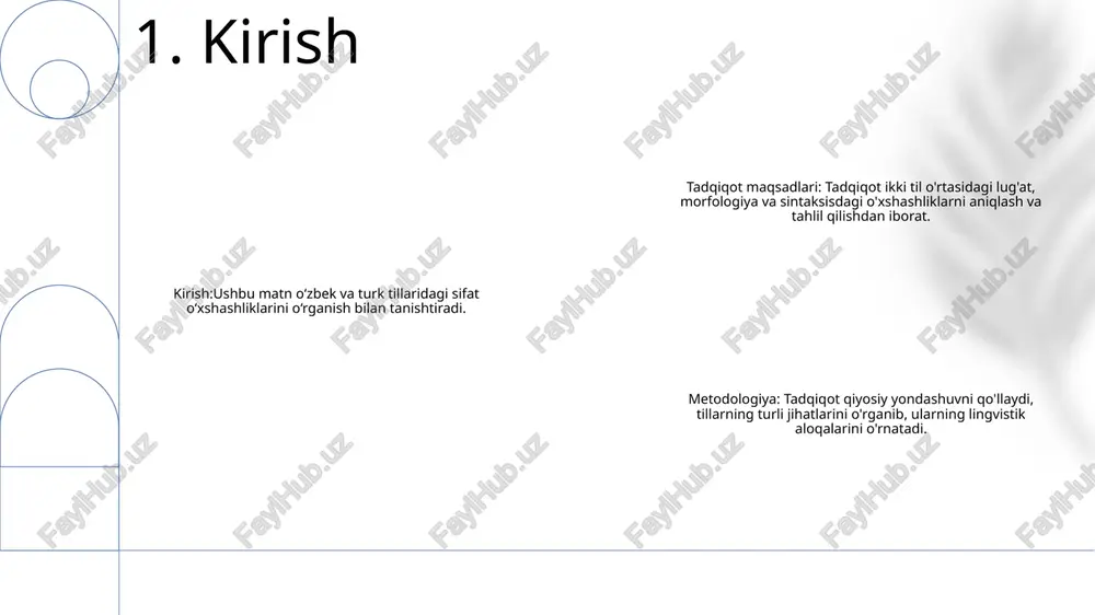iqlashga intiladi. areal lingvistika- til xususiyatlarining geografik tarqalishini o'rganadi.- maqsad til o'zgarishining qonuniyatlarini aniqlash va ularning sabablarini tushuntirishdir. tillardagi õxshashliklarni õrganish (uzbek)- oʻzbekcha atamasi "areal tillardagi oʻxshashliklarni oʻrganish".- tilning geografik tarqalishi va tafovutlarini oʻrganadi. 6. mintaqaviy o'xshashlik konvergent o'xshashlik: turli ajdodlar avlodlaridan mustaqil ravishda rivojlanishiga qaramay, o'xshash xususiyatlarga ega mavjud organizmlar. parallel evolyutsiya: o'xshash ekologik bo'shliqlarda yashaydigan bir-biriga bog'liq bo'lmagan turlar o'ziga xos sharoitlarga moslashish uchun o'xshash xususiyatlarni rivojlantiradilar. misol: akulalar (xaftaga tushadigan baliqlar) va delfinlar (sut emizuvchilar)ning tana shakli va qanotlari bir xil suv muhitiga ega. 7. konvergent o'xshashlik 1: o'quvchining mustaqilligi va o'zini o'zi baholashi: til o'rgatishning oqibatlari o'quvchilarning mustaqilligini va motivatsiyasi va ta'lim natijalarini yaxshilash uchun o'zini o'zi baholash ko'nikmalarini rivojlantirishni o'z ichiga oladi. 2: kognitiv va ijtimoiy o'zaro ta'sir: o'qitish til rivojlanishi va tanqidiy fikrlash qobiliyatlarini rivojlantirish uchun kognitiv va ijtimoiy o'zaro ta'sirga e'tibor qaratish kerak. 3: til va madaniyatning o'zaro bog'liqligi: til o'rganish ikkalasining o'zaro …
