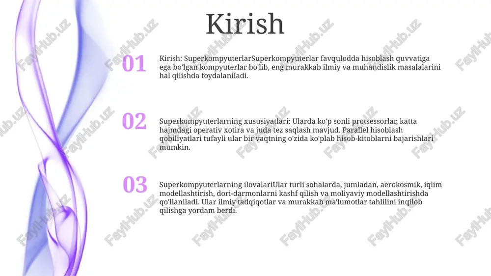 oshirishga qodir bo'lgan exascale qurilmalarini o'z ichiga oladi. arxitektura dizayni arxitektura dizayni: superkompyuterlar katta ma'lumotlar yuklarini boshqarish uchun maxsus arxitektura dizaynlarini talab qiladi. ular ko'pincha bir vaqtning o'zida ishlaydigan minglab o'zaro bog'langan ishlov berish bloklari bilan katta parallelizmga ega. asosiy komponentlar: superkompyuterlar turli muhim komponentlardan, jumladan, yuqori tezlikdagi protsessorlardan, keng xotira tizimlaridan, samarali sovutish mexanizmlaridan va maxsus o‘zaro ulanish texnologiyalaridan iborat. ushbu komponentlar ishlashni maksimal darajada oshirish va kechikishni minimallashtirish uchun mo'ljallangan. ishlash ko'rsatkichlari: superkompyuterlarning ishlashi flops (floating-point operations per second) va o'tkazish qobiliyati (vaqt birligida qayta ishlangan ma'lumotlar miqdori) kabi ko'rsatkichlar yordamida o'lchanadi. ushbu ko'rsatkichlar tizimning hisoblash quvvati va ma'lumotlarni qayta ishlash imkoniyatlarini ko'rsatadi. benchmarking va samaradorlik superkompyuterlar: superkompyuterlar dunyodagi eng kuchli kompyuterlardir. ular ob-havo prognozi, iqlimni modellashtirish va dori-darmonlarni kashf qilish kabi turli xil ilmiy va sanoat ilovalari uchun ishlatiladi. benchmarking: benchmarking - bu kompyuter tizimining ishlashini ma'lum standartlar to'plamiga nisbatan o'lchash jarayoni. bu sizning tizimingizni boshqalar bilan …
