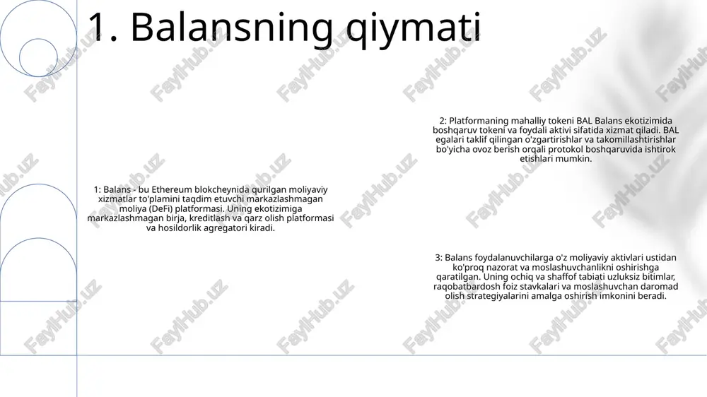 tingiz o'rtasida uyg'un muvozanatni topish haqida. 💸 balans ilovasi: farovonlik uchun vosita 💸 balans ilovasi sizni hissiy muvozanatga yo‘naltiradigan ilmiy asoslangan vositadir. u sizga engish mexanizmlarini ishlab chiqish va chidamlilikni oshirishga yordam beradigan shaxsiy mashqlar, meditatsiyalar va tushunchalarni taklif qiladi. hissiy muvozanatning asosiy afzalliklari hissiy muvozanat farovonlik va chidamlilik hissini keltirib chiqaradi. bu sizga kamroq stress va tashvish bilan qiyinchiliklarni engishga imkon beradi, to'g'ri qaror qabul qilish qobiliyatingizni oshiradi va sog'lom munosabatlarni rivojlantiradi. 3. hissiy muvozanat ma'naviy muvozanat: uyg'unlikka erishish. ma'naviy muvozanat bu muvozanat holati bo'lib, unda biz o'z oliy nafslarimiz bilan uyg'unlashib, ilohiy bilan bog'lanamiz. bu meditatsiya, yoga va tabiatda vaqt o'tkazish kabi amaliyotlar orqali ichki tinchlik, maqsad va uyg'unlikni rivojlantirishni o'z ichiga oladi. balans: muvozanat san'atibalans shved tushunchasi bo'lib, hayotning barcha jabhalarida muvozanatga intilishni o'z ichiga oladi. bu ish, munosabatlar, salomatlik va ma'naviyat o'rtasidagi uyg'unlikni saqlash muhimligini ta'kidlaydi. balansga intilish orqali biz qoniqarli va barqaror hayotni yaratamiz. ruhiy …