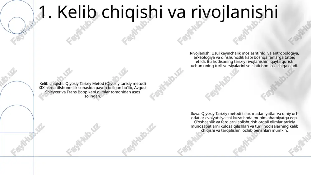 ixiy metodologiya boʻyicha tajribaga ega boʻlmagan shaxslar uchun qiyin boʻlishi mumkin. cheklangan qo'llanilishi: bu usul asosan mahalliylashtirilgan tarixiy voqealar yoki hududlar uchun qo'llaniladi va kengroq yoki qiyosiy tarixiy tadqiqotlar uchun mos kelmasligi mumkin. sharhlovchi sub’ektivlik: “qiyosiy tarixiy metod” xolislikni ta’kidlagan bo‘lsa-da, tarixiy manbalarning talqini va sinteziga hali ham tadqiqotchi nuqtai nazari va tarafkashliklari ta’sir qilishi mumkin. 4. qiyinchiliklar va cheklovlar qiyosiy tarixiy tahlilqiyosiy tarixiy tahlil turli tarixiy voqea yoki jarayonlarni taqqoslash, o‘xshashlik, farq va qonuniyatlarni aniqlashni o‘z ichiga oladi. bu tadqiqotchilarga kengroq tarixiy hodisalar haqida xulosalar chiqarish va umumlashtirish imkonini beradi. qiyosiy tarixiy metodqiyosiy tarixiy metod (qiyosiy tarixiy metod) — tarixiy tadqiqot metodologiyasi boʻlib, vaqt oʻtishi bilan turli jamiyat yoki madaniyatlarni oʻrganish va solishtirishga qaratilgan. u tarixiy o'zgarish va rivojlanishning umumiy qonuniyatlari va sabablarini aniqlashga qaratilgan. zamonaviy stipendiyalarda qo'llanilishi qiyosiy tarixiy usul zamonaviy fanlarda, jumladan, sotsiologiya, siyosatshunoslik va iqtisod kabi fanlarda keng qo'llaniladi. u tadqiqotchilarga turli jamiyatlar oʻrtasidagi oʻzaro munosabatlarni …