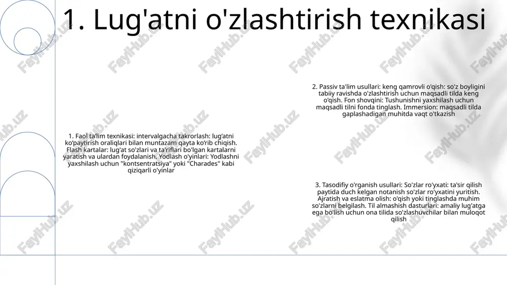 ha bo'lishi mumkin. onomatopeya, masalan, tovushlarni taqlid qiluvchi so'zlarni yaratishdir, masalan, "buzz" yoki "splash" 3. etimologiya va so'zlarning kelib chiqishi lug'atni rivojlantirish kontekstidagi kontekst so'z ma'nolarini tushunish uchun muhim maslahatlar beradi. bu o'quvchilarga atrofdagi so'zlar va jumlalarni tahlil qilish orqali noma'lum so'zlarning ma'nosini aniqlashga yordam beradi. lug'at tayyorlash (arabcha "lug'atni rivojlantirish")lug'at tayyorlash lug'atni o'zlashtirish uchun real dunyo kontekstlarining muhimligini ta'kidlaydi. u o'quvchilarga mazmunli kontekstdagi so'zlarni ochib berish uchun hikoyalar, maqolalar va suhbatlar kabi haqiqiy materiallardan foydalanishni qo'llab-quvvatlaydi. lug'at tayyorlashda kontekstning roliin lug'at tayyorlash, kontekst so'z boyligini rivojlantirish uchun juda muhim, chunki u:- xulosa chiqarishni osonlashtiradi: kontekst o'quvchilarga notanish so'zlarning ma'nosini chiqarishda yordam beradigan maslahatlar beradi.- tushunishni kuchaytiradi: kontekst o'quvchilarning tushunchalarini chuqurlashtiradi 4. so‘z boyligini rivojlantirishda kontekstning o‘rni lug'atni baholash usullari standartlashtirilgan testlar o'rnatilgan baholashlar portfolio baholashlari lug'at ko'nikmalarini baholash formativ baholash summativ baholash o'z-o'zini baholash lug'at ko'nikmalarining ahamiyati muloqot akademik muvaffaqiyat kognitiv rivojlanish madaniy tushunish 5. lug'at ko'nikmalarini baholash va …