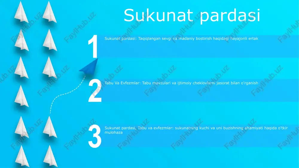 htiradigan ijtimoiy jihatdan qabul qilib bo'lmaydigan xatti-harakatlar yoki g'oyalar. eyforiya: miyadagi dofamin va opioidlarning ajralishi natijasida yuzaga keladigan farovonlik tuyg'usi bilan birga kuchli zavqlanishning kuchayishi. evfezmlar: oddiy inson tajribasidan ustun turadigan noyob va sirli his-tuyg'ular, qo'rquv, transsendensiya va kosmos bilan birlashish tuyg'usi bilan tavsiflanadi, bu standart rejim tarmog'ini va prefrontal korteksni, o'z-o'zini aks ettirish va ruhiy tajribalar bilan bog'liq sohalarni rag'batlantiradi. tabu tsiklini buzish tarixiy ahamiyati: “tabu davrini buzish” o‘rnatilgan tabular va ijtimoiy me’yorlarga qarshi kurashuvchi, ijtimoiy fikr va nutq evolyutsiyasiga hissa qo‘shuvchi asosiy matndir. madaniy ta'sir: kitob keng muhokama va munozaralarga sabab bo'lib, yanada ochiq va inklyuziv ijtimoiy muhitni rivojlantirdi. bu odamlarga ijtimoiy cheklovlarni so'roq qilish va ularga qarshi turish imkoniyatini berdi. global ta'sir: bu ish butun dunyo bo'ylab tomoshabinlar bilan rezonanslashdi, turli madaniyatlar bo'ylab suhbat va o'z-o'zini aks ettirishni ilhomlantirdi, tabu mavzulari atrofidagi sukunat va uyat to'siqlarini yo'q qilishga yordam berdi. e'tiboringiz uchun rahmat @taqdimot_robot image12.jpg image3.jpg image2.jpg …