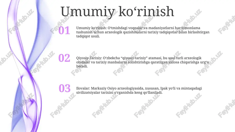 lodlar uchun uzoq umr ko'rishini ta'minlashga yordam beradi. kuchli va zaif tomonlari 2-kuch: uslubiy qat'iylikka e'tibor qaratiladi: matn tahlilining tizimli usullaridan foydalanishga, adabiy talqinga tizimli va ob'ektiv yondashuvni ta'minlashga urg'u beradi. 1-kuch: tarixiy mazmun beradi: “qiyosiy-tarixiy” metodi adabiy asarlarni tarixiy kontekstida tahlil qiladi, ularni shakllantirgan ijtimoiy, siyosiy va madaniy ta’sirlarni yoritadi. 3-kuch: madaniyatlararo tushunishni rag'batlantiradi: qiyosiy-tarixiy metodi turli madaniyatlar adabiy asarlarini o'rganishni rag'batlantiradi, turli nuqtai nazar va tajribalarni kengroq tushunishga yordam beradi. xulosa 3: ushbu usulni qo'llash orqali tadqiqotchilar o'zlarining topilmalarining ishonchliligini oshirishlari va tarixiy voqealar va jarayonlarni har tomonlama tushunishlari mumkin. 1: xulosa, “qiyosiy-tarixiy metodi” ma’lumotlarning haqiqiyligi va to‘g‘riligini aniqlash uchun birlamchi manbalar va tarixiy sharoitlarni tahlil qilish muhimligini ta’kidlaydi. 2: “qiyosiy-tarixiy usuli” nomuvofiqliklarni aniqlash va dalillarni tasdiqlash uchun turli tarixiy maʼlumotlarni qiyosiy tekshirishga urgʻu beradi. e'tiboringiz uchun rahmat @taqdimot_robot image11.jpg image3.jpg image2.jpg /docprops/thumbnail.jpeg